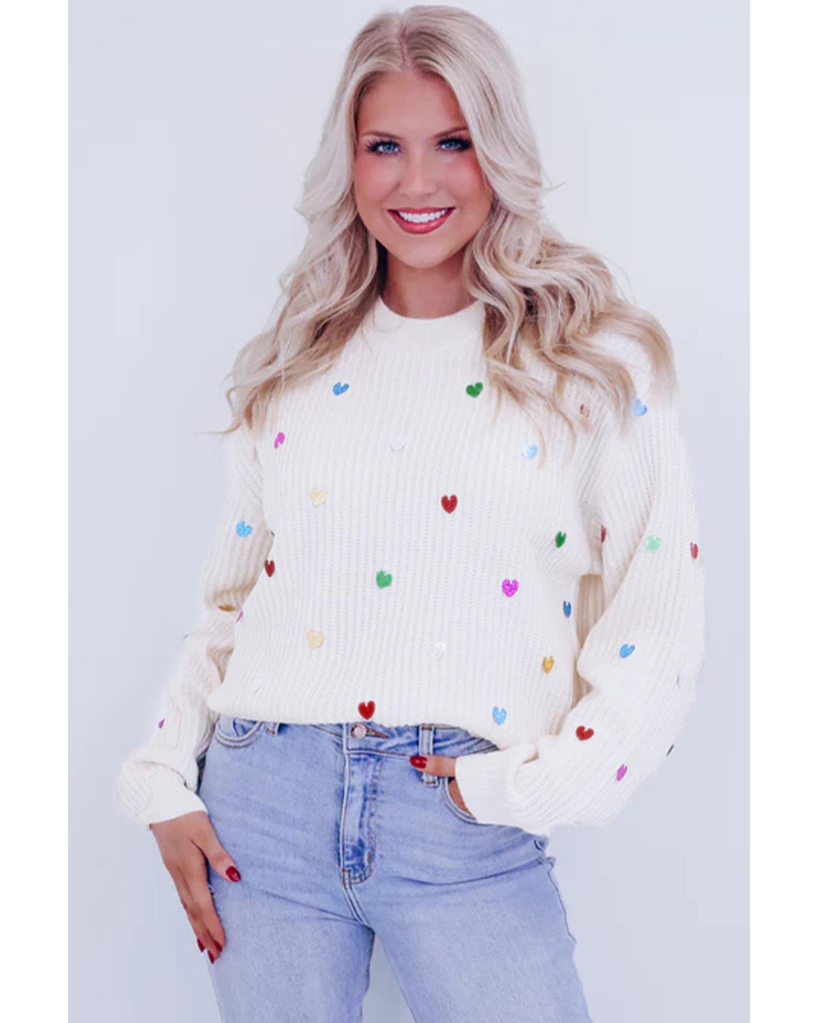 V539-AZEXDC2725255-P1522-L-202506140140-00 Beige Sequin Heart Shape Waffle Knit Round Neck Sweater - L - Image 1