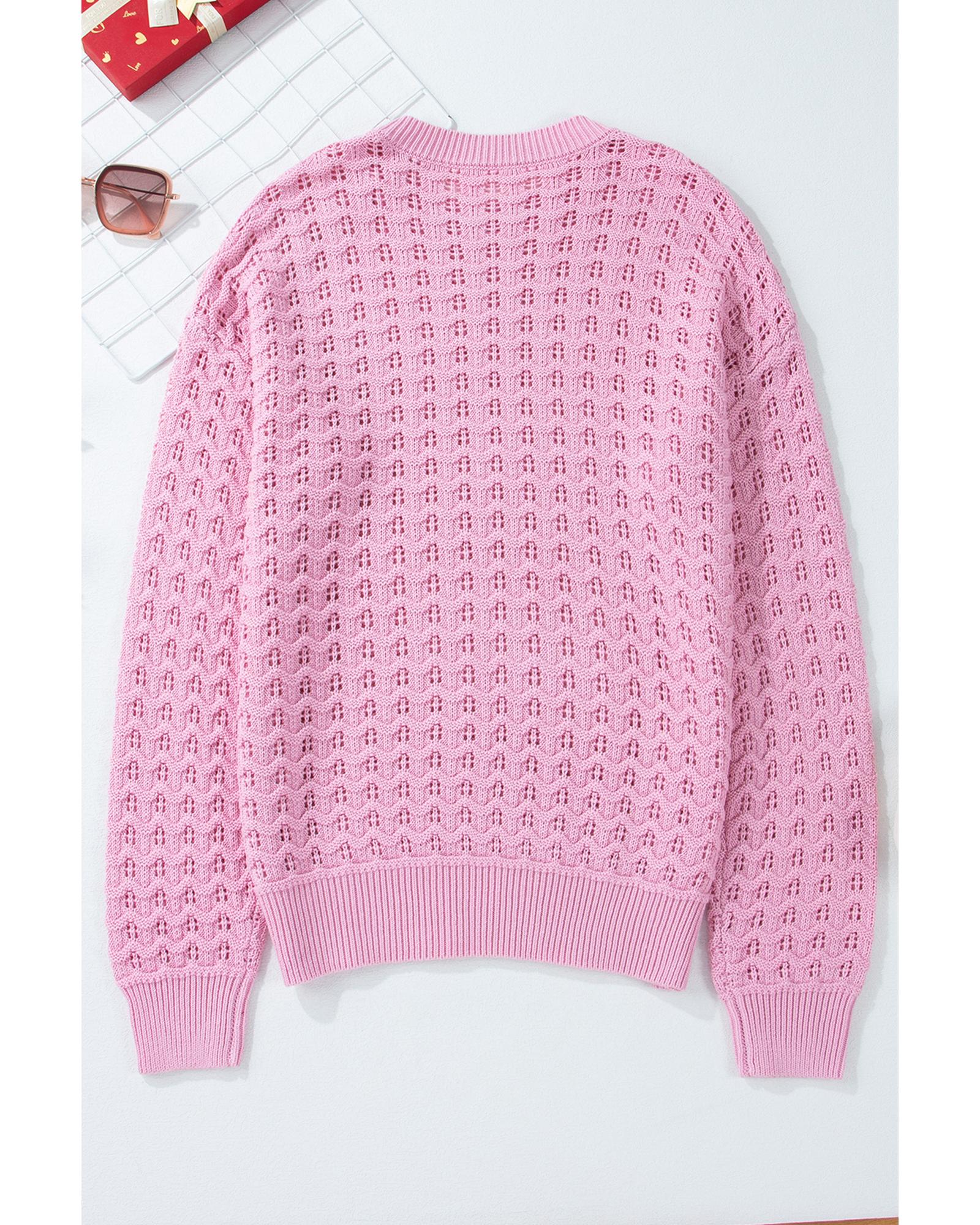 V539-AZEXDC2725377-P10-L-202508300605-00 Pink Crochet Knit Drop Shoulder Sweater - L - Image 1