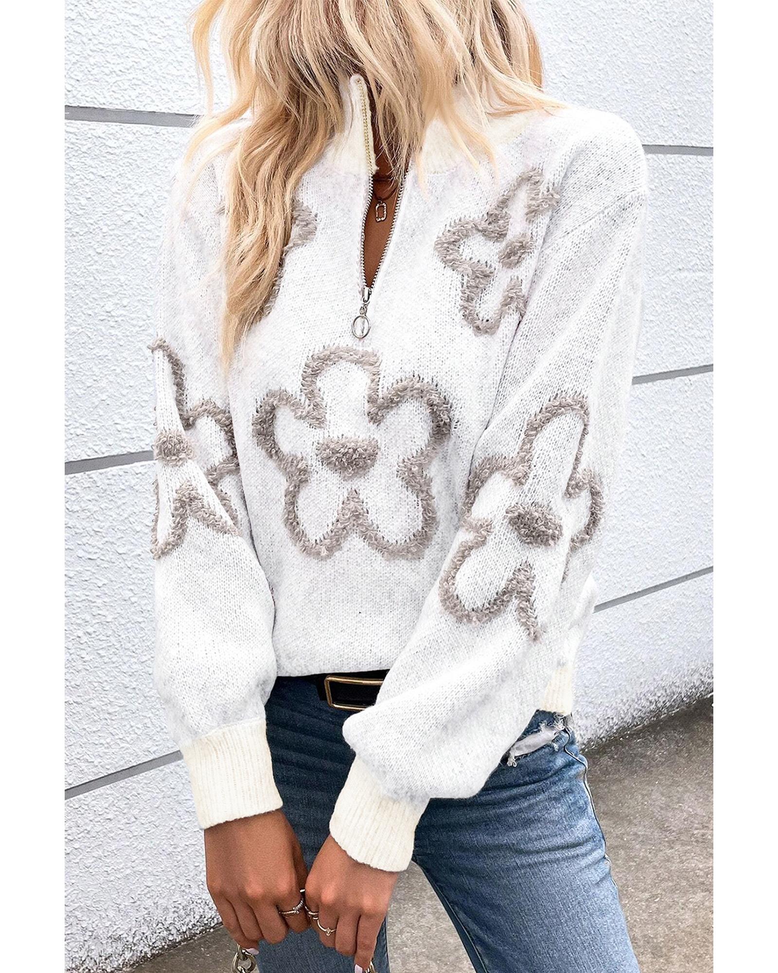 V539-AZEXDC2725387-P1-2XL-202508281050-00 White Contrast Flower Half Zipper Stand Neck Sweater - 2XL - Image 1