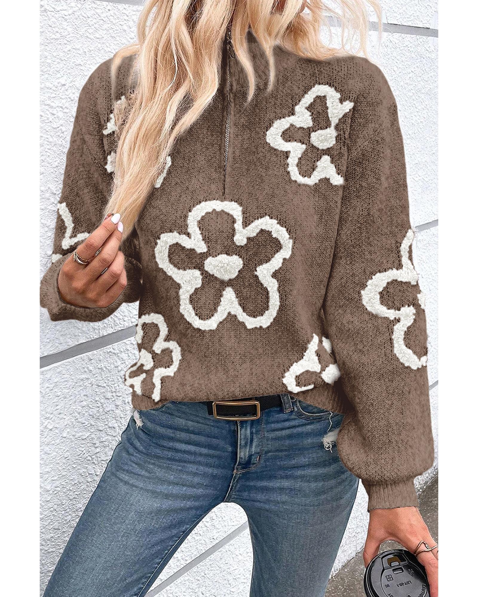 V539-AZEXDC2725387-P6016-S-202506140225-00 Parchment Contrast Flower Half Zipper Stand Neck Sweater - S - Image 1