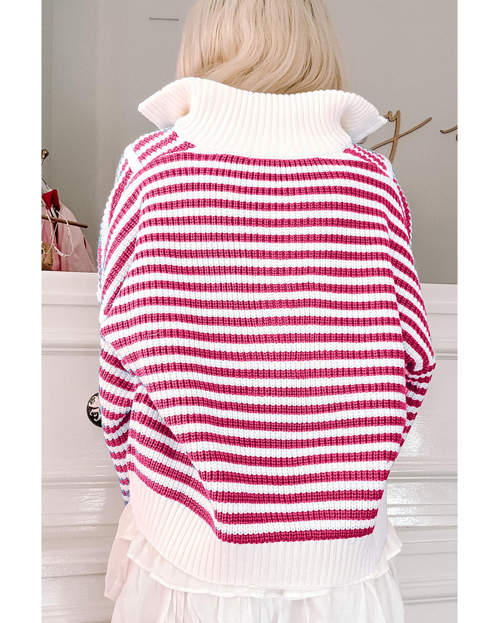 V539-AZEXDC2725432-P1019-M-202506140232-00 Pink Stripe Zip up Collar Drop Shoulder Sweater - M - Image 1