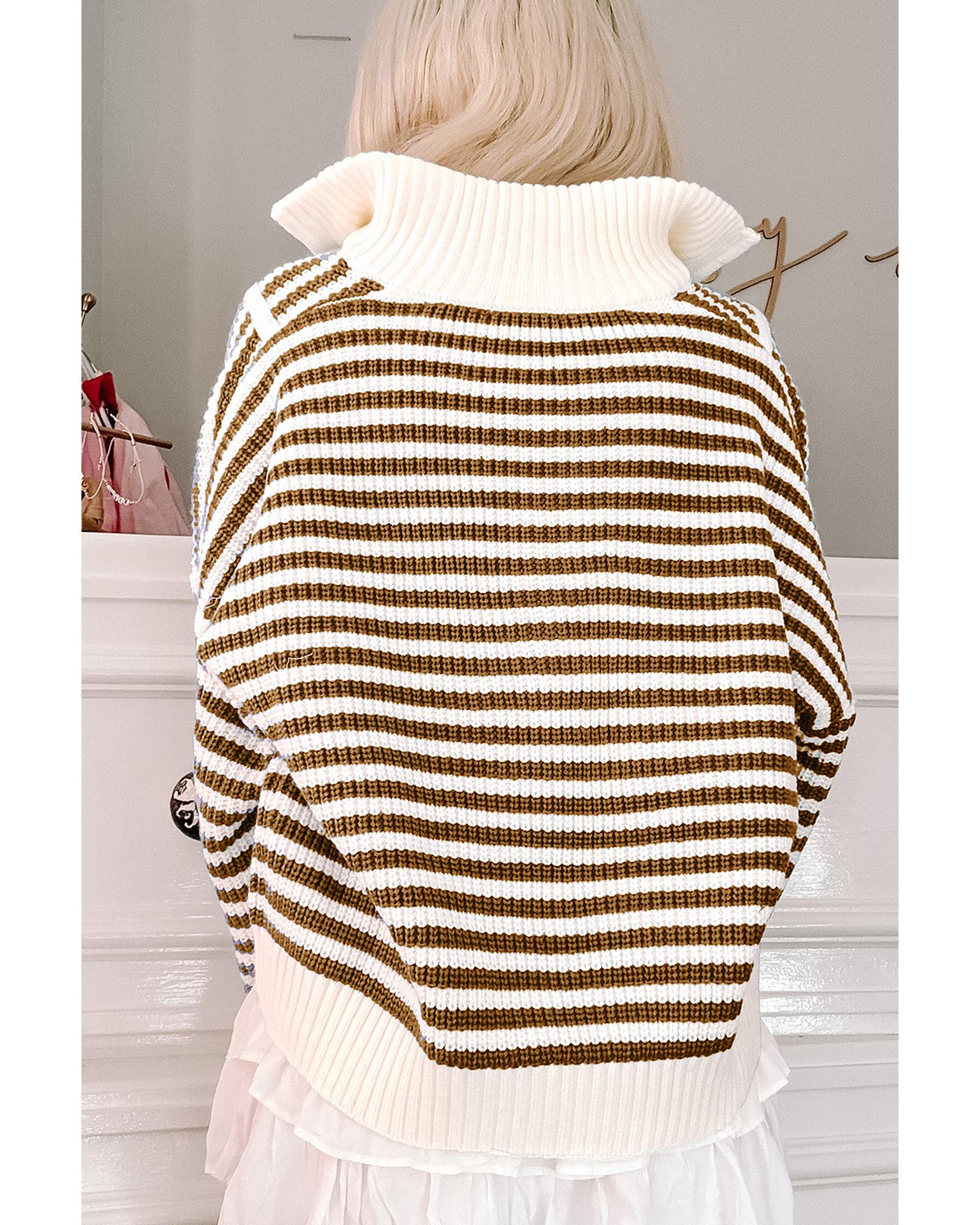 V539-AZEXDC2725432-P1619-S-202506132217-00 Khaki Stripe Zip up Collar Drop Shoulder Sweater - S - Image 1