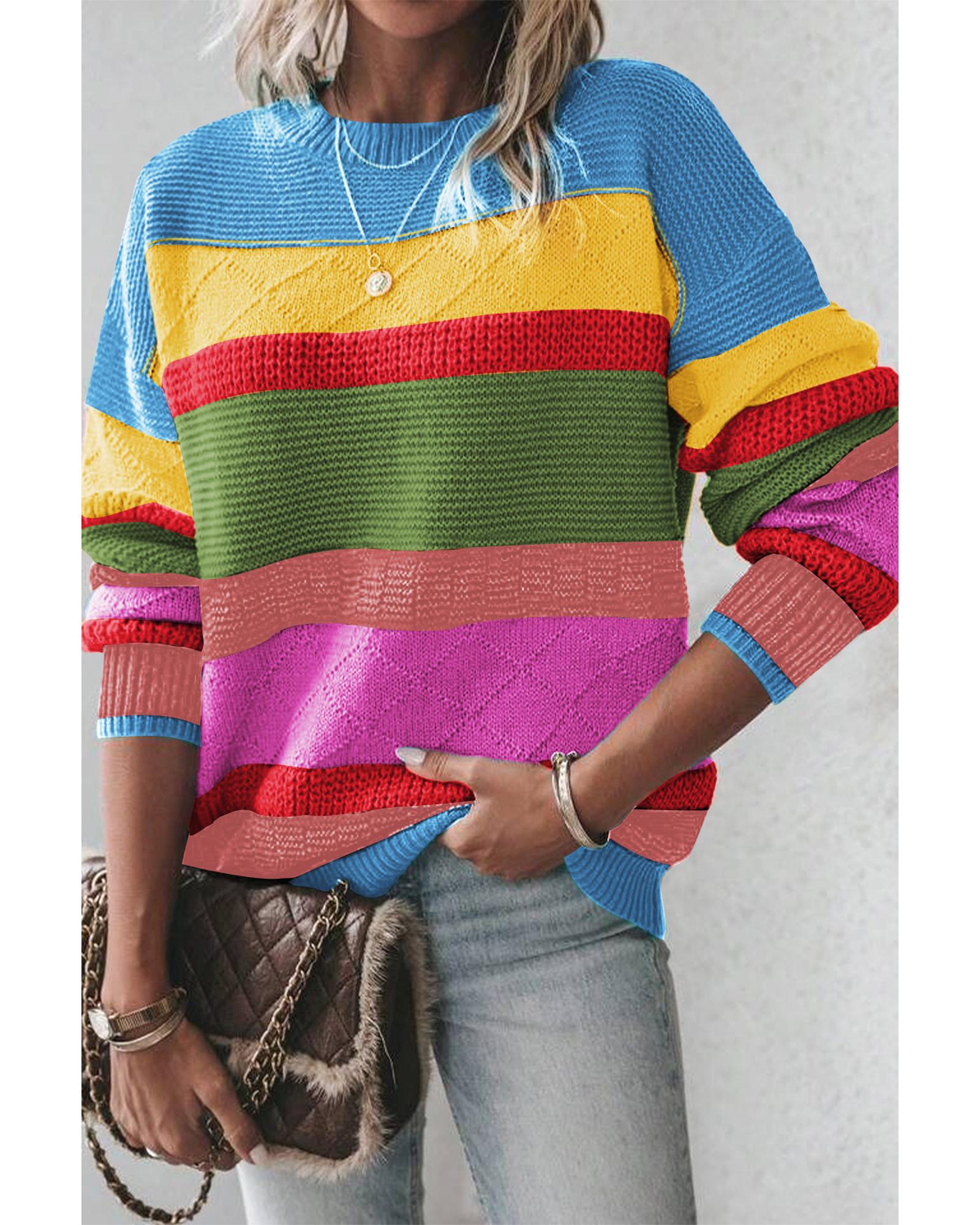 V539-AZEXDC2725437-P422-S-202506132226-00 Light Blue Colorblock Mixed Textured Drop Shoulder Sweater - S - Image 1