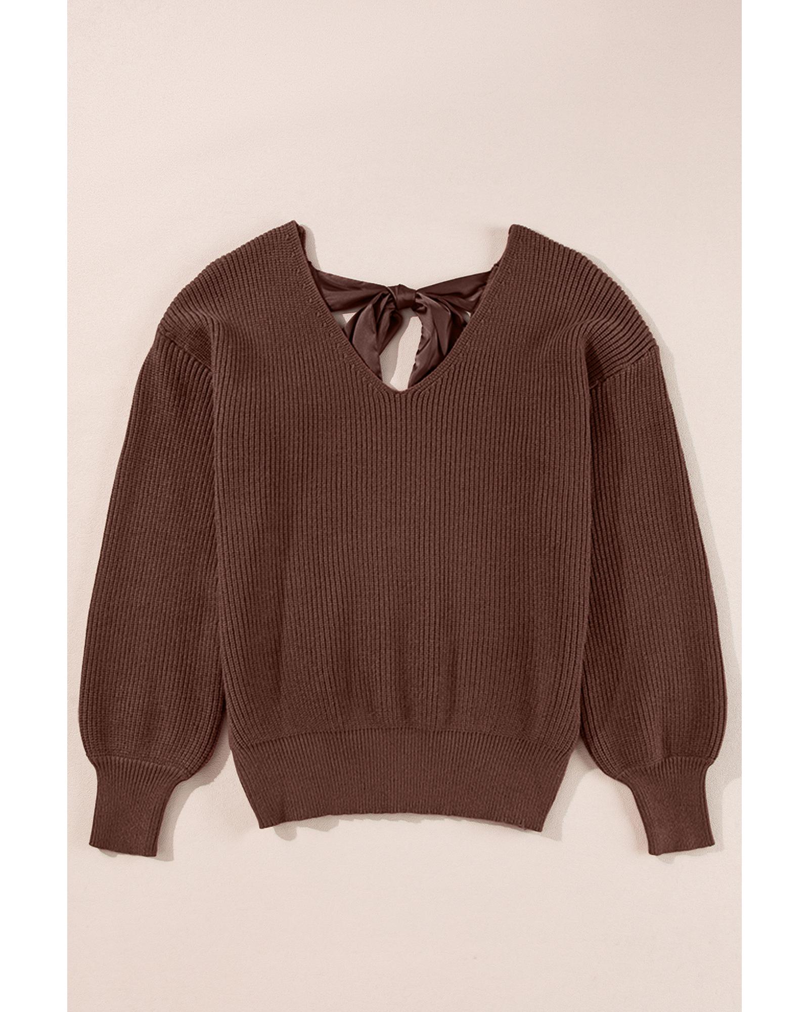 V539-AZEXDC2725453-P1017-XL-202508291625-00 Coffee Lantern Sleeve V Neck Knot Back Sweater - XL - Image 1