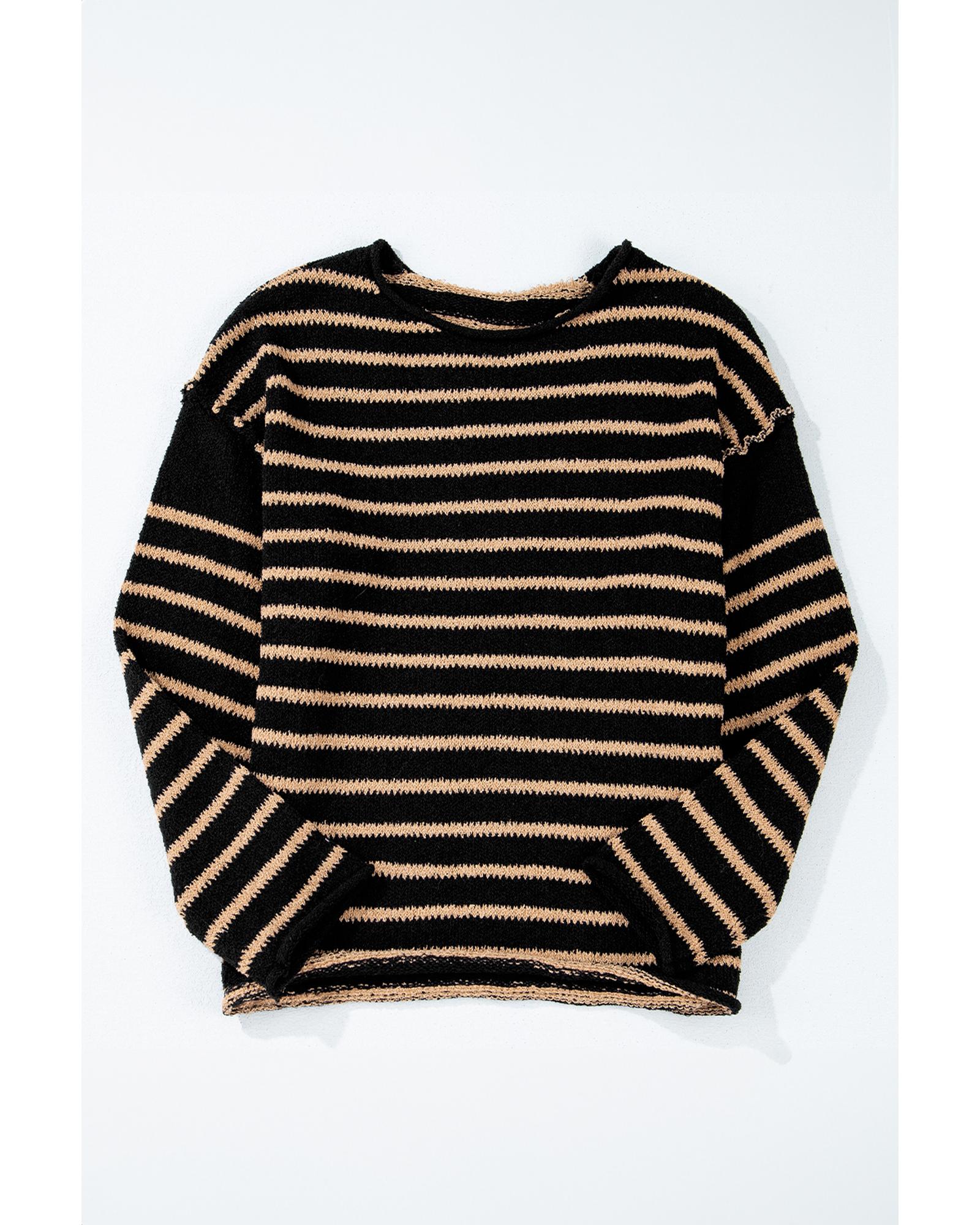 V539-AZEXDC2725461-P219-M-202508280120-00 Black Stripe Drop Shoulder Round Neck Loose Sweater - M - Image 1