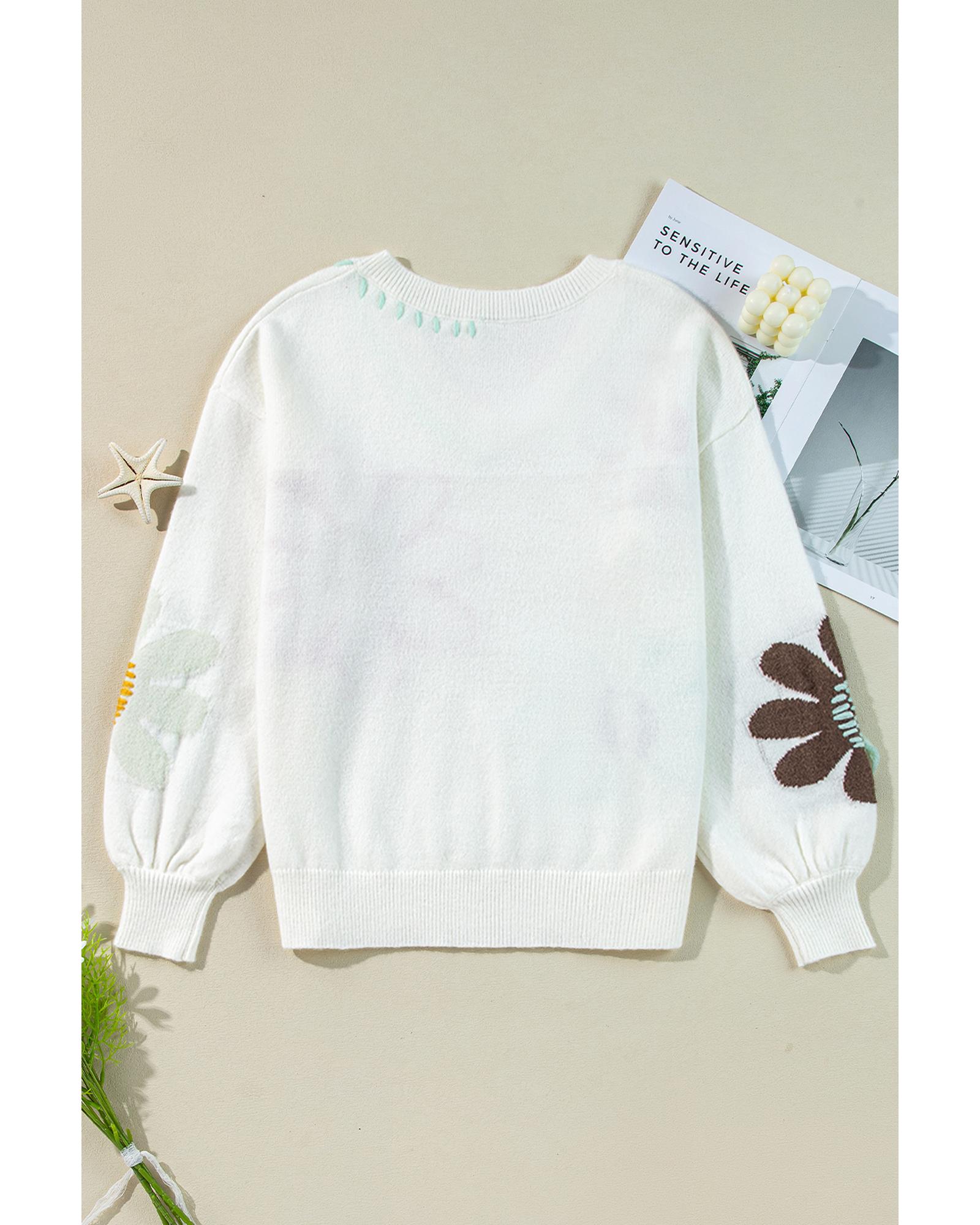 V539-AZEXDC2725515-P1-XL-202506132326-00 White Big Flower Pattern V Neck Drop Shoulder Sweater - XL - Image 1