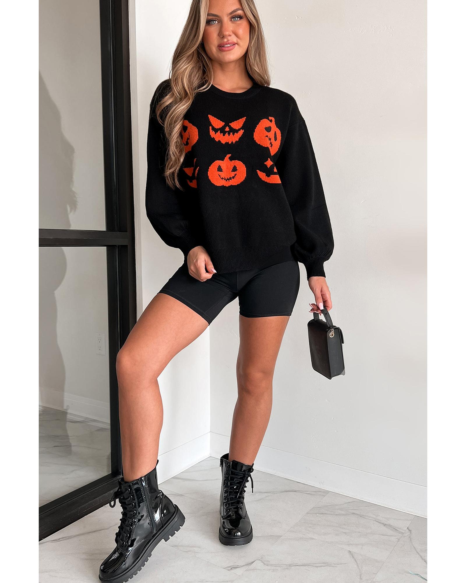 V539-AZEXDC2725572-P2-L-202508281320-00 Black Halloween Pumpkin Face Pattern Drop Shoulder Sweater - L - Image 1