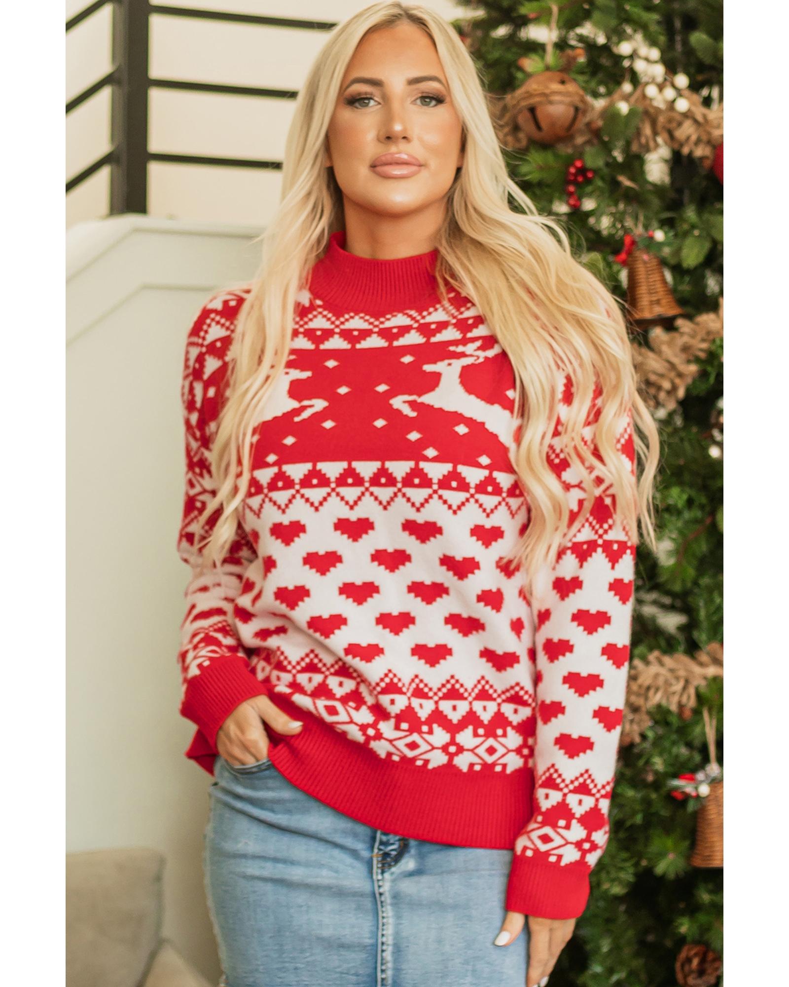 V539-AZEXDC2725603-P3-XL-202508300045-00 Fiery Red Merry Christmas Reindeer Heart Pattern High Neck Sweater - XL - Image 1
