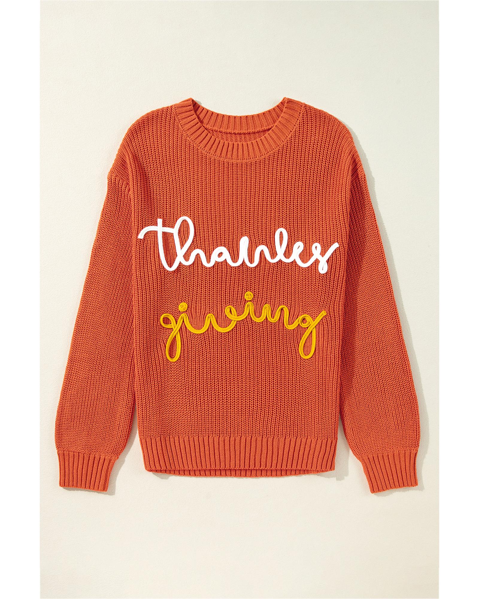 V539-AZEXDC2725610-P5014-S-202506140452-00 Gold Flame Thanks Giving Letter Graphic Crew Neck Sweater - S - Image 1