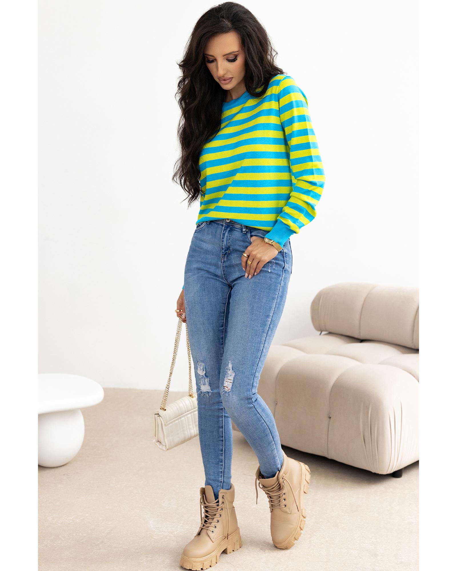 V539-AZEXDC2725631-P919-XL-202508282140-00 Green Stripe Crew Neck Drop Shoulder Casual Sweater - XL - Image 1