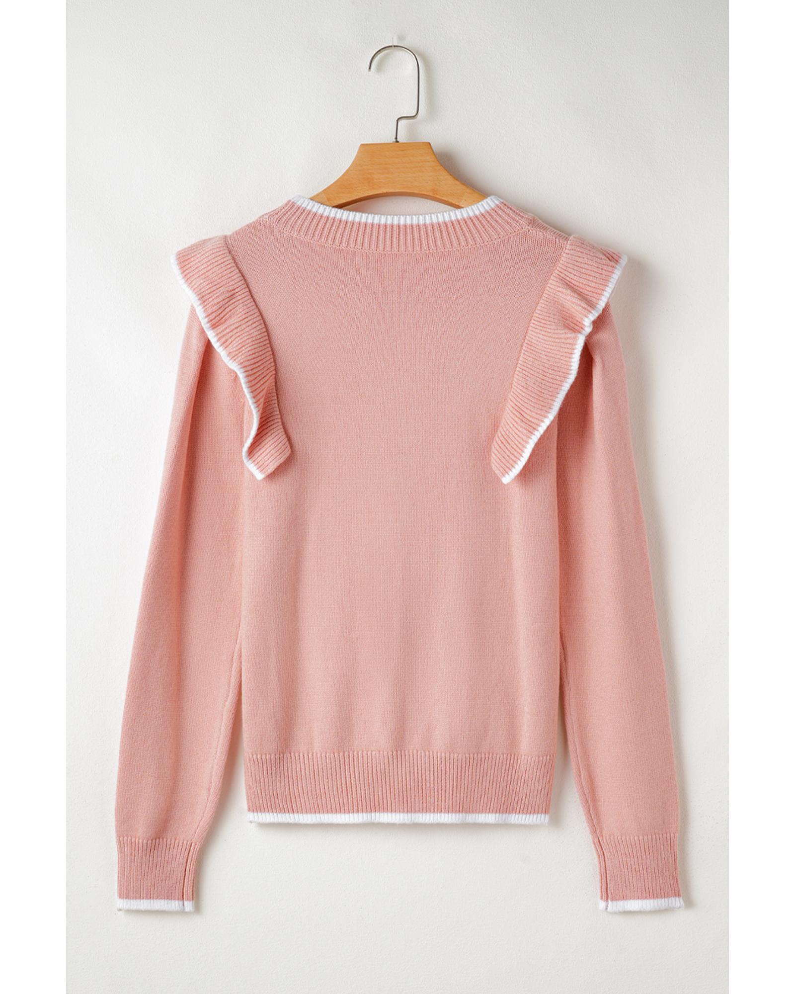 V539-AZEXDC2725639-P1010-L-202508291440-00 Light Pink Ruffled Bowknot Ribbed Trim Long Sleeve Sweater - L - Image 1
