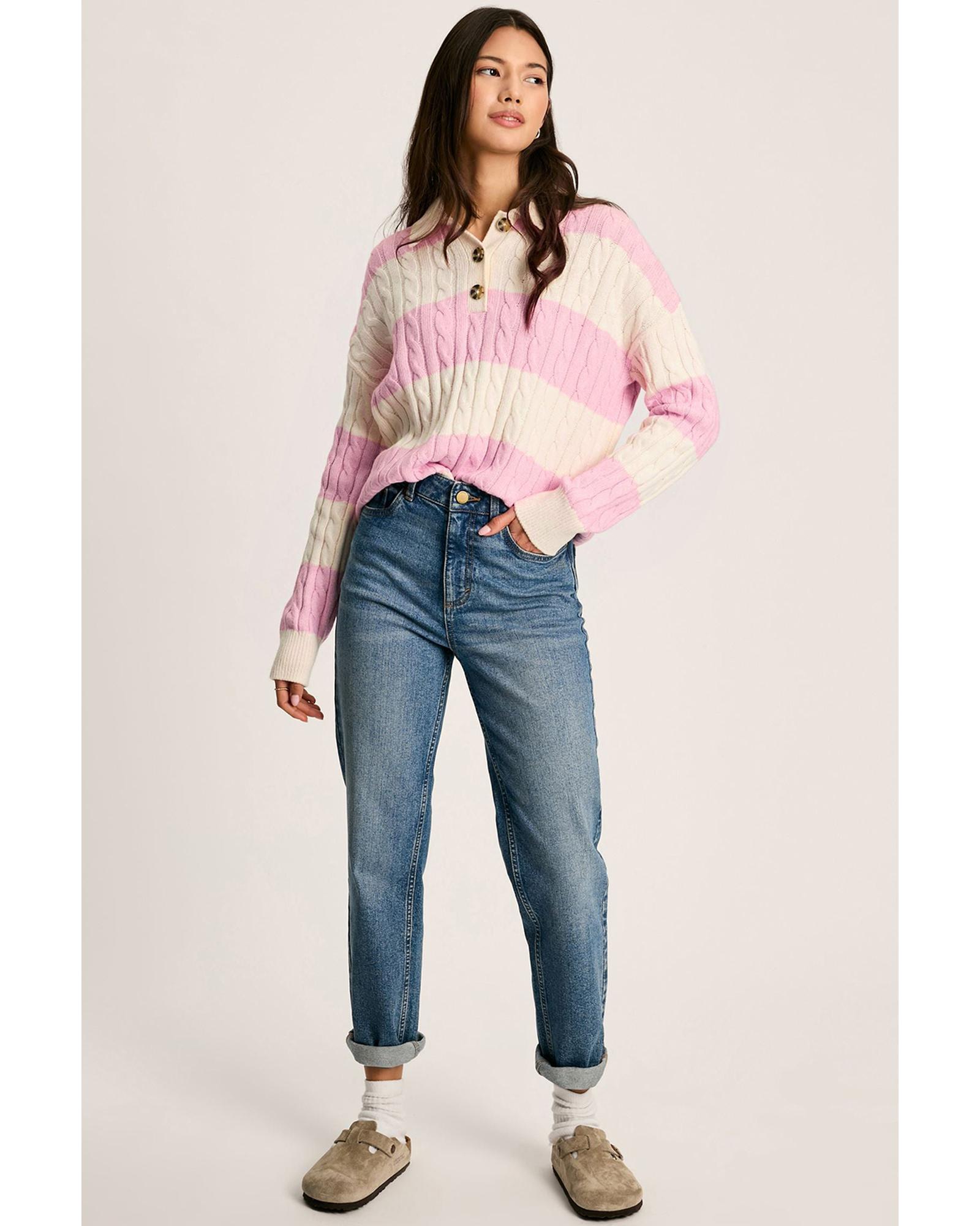V539-AZEXDC2725731-P1019-XL-202508291820-00 Pink Stripe Cable Knit Collared Henley Sweater - XL - Image 1