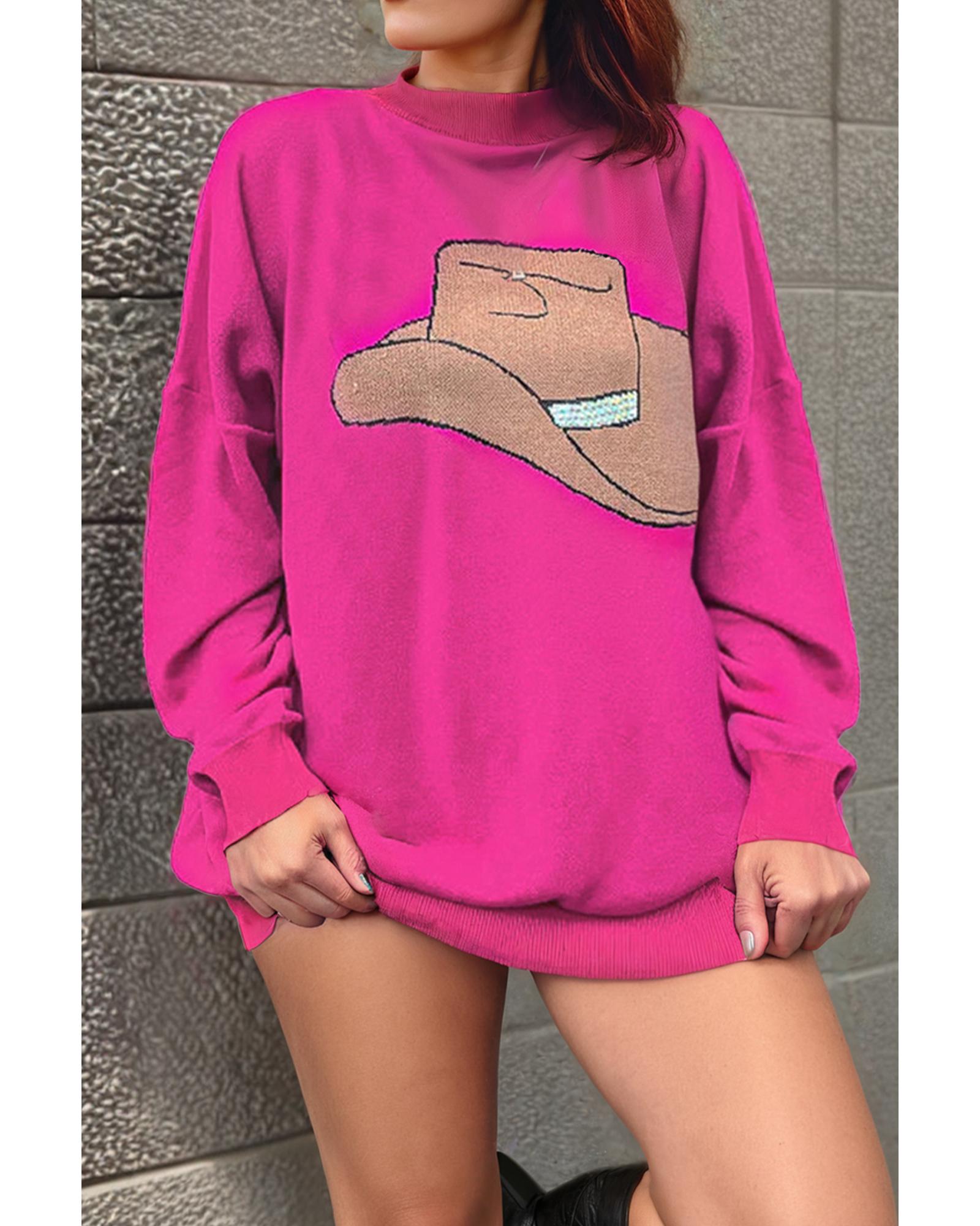 V539-AZEXDC2725742-P6-S-202506140546-00 Rose Red YEEHAW Cowboy Hat Drop Shoulder Oversized Sweater - S - Image 1