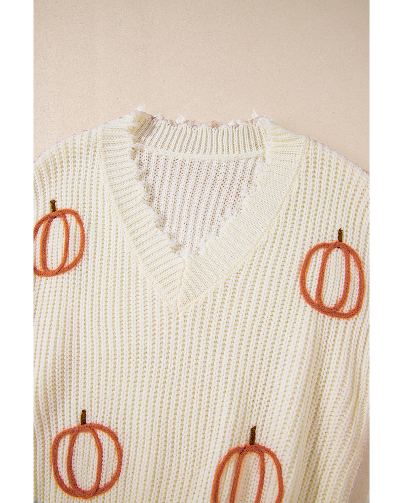 V539-AZEXDC2725762-P15-S-202506140606-00 Beige Cable Knit Pumpkin Raw Hem V Neck Loose Sweater - S - Image 1