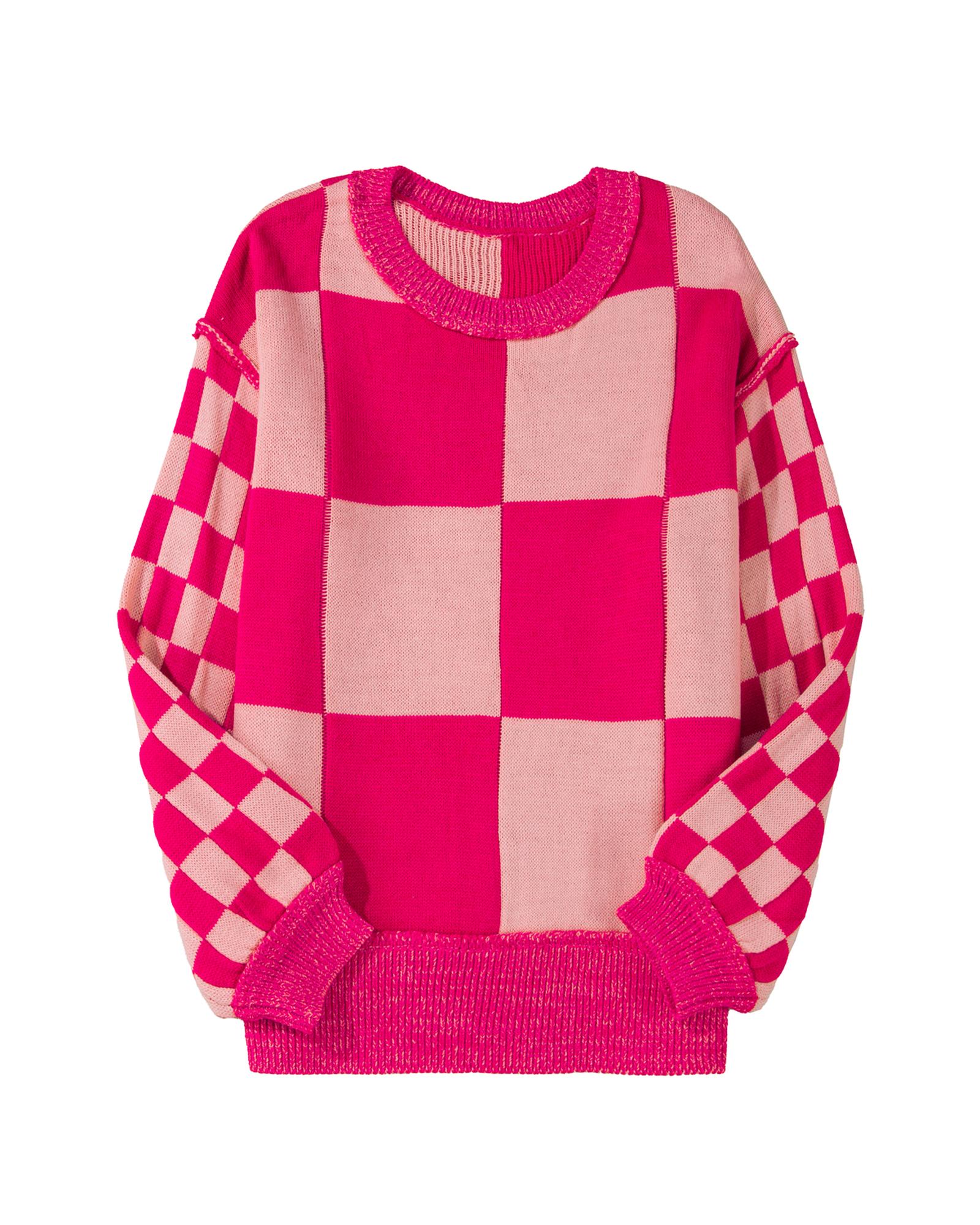 V539-AZEXDC2725852-P622-M-202508281505-00 Rose Red Mixed Checkered Pattern Drop Shoulder Loose Sweater - M - Image 1