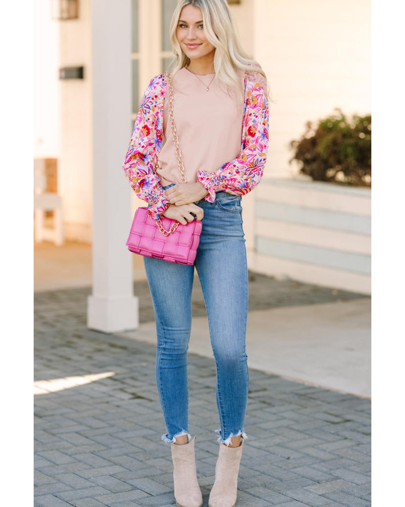 V539-AZEXDC2725928-P1015-M-202508281000-00 Oatmeal Floral Printed Patchwork Smocked Lantern Sleeve Knit Top - M - Image 1