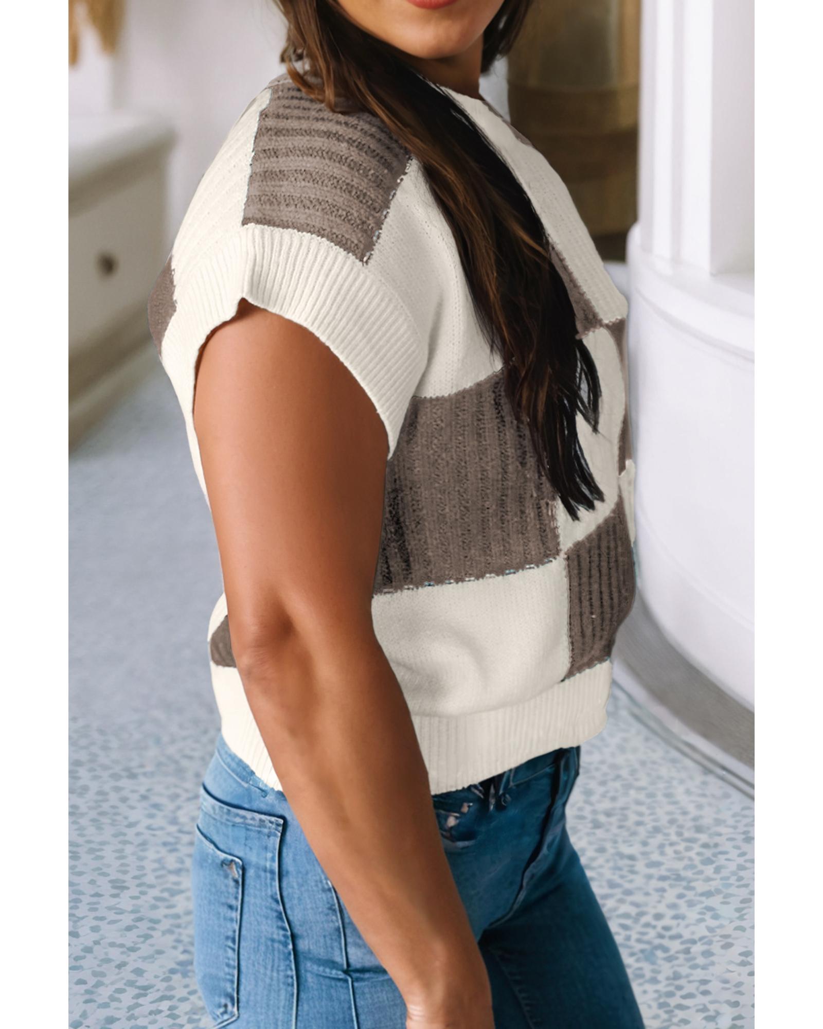 V539-AZEXDC2725991-P1622-M-202508300450-00 Khaki Checkered Color Block Crew Neck Short Sleeve Sweater - M - Image 1