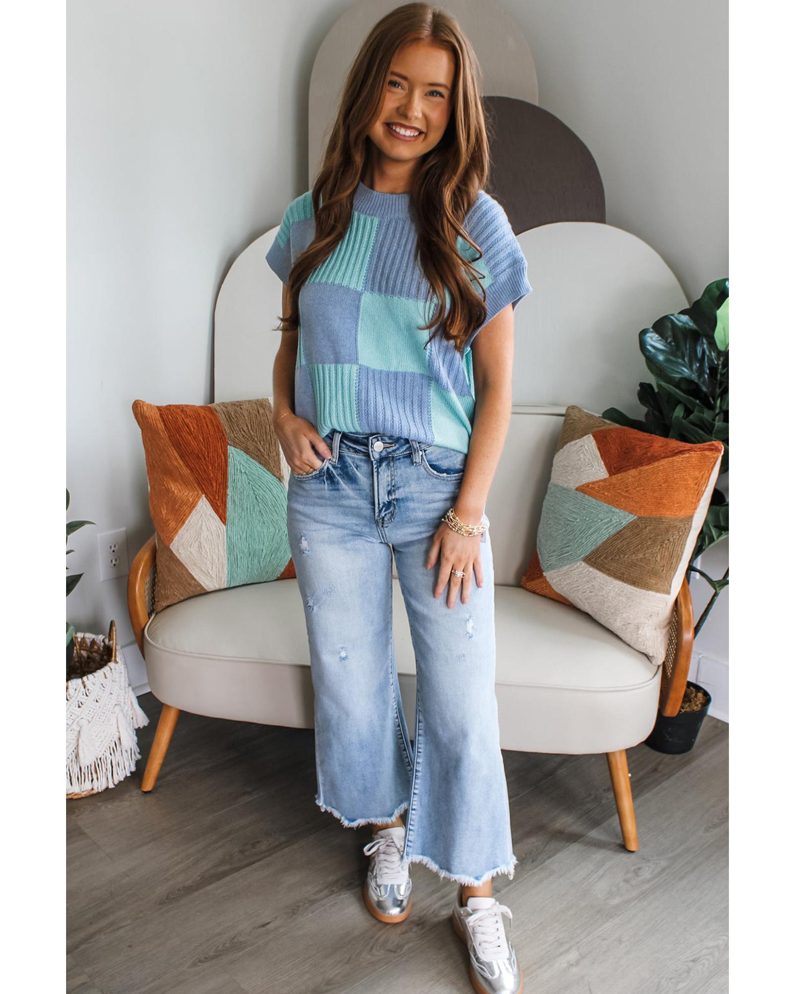 V539-AZEXDC2725991-P422-S-202506140315-00 Light Blue Checkered Color Block Crew Neck Short Sleeve Sweater - S - Image 1
