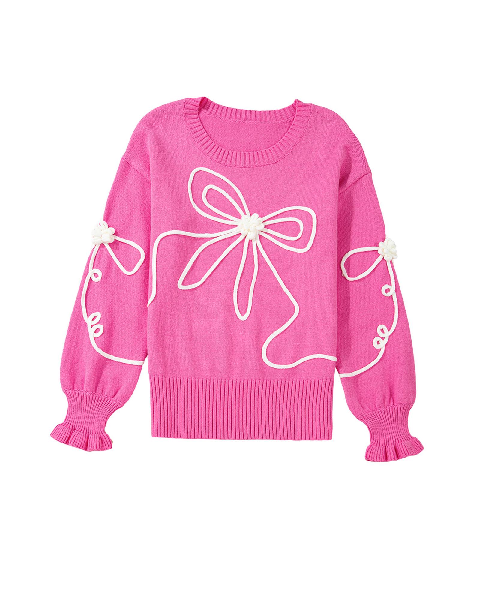 V539-AZEXDC2725998-P106-XL-202508282145-00 Bright Pink Corded Flower Bow Ribbed Trim Casual Sweater - XL - Image 1