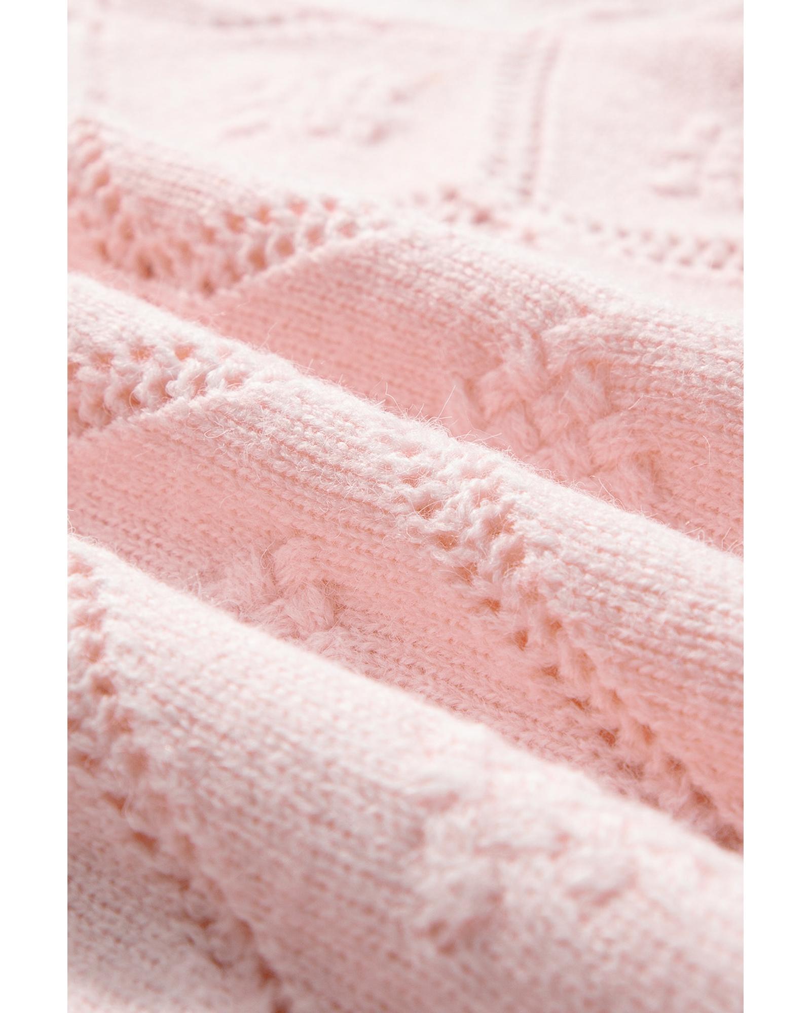 V539-AZEXDC2726059-P1710-L-202508280310-00 Gossamer Pink Openwork Plaid Puff Sleeve Cropped Sweater - L - Image 1