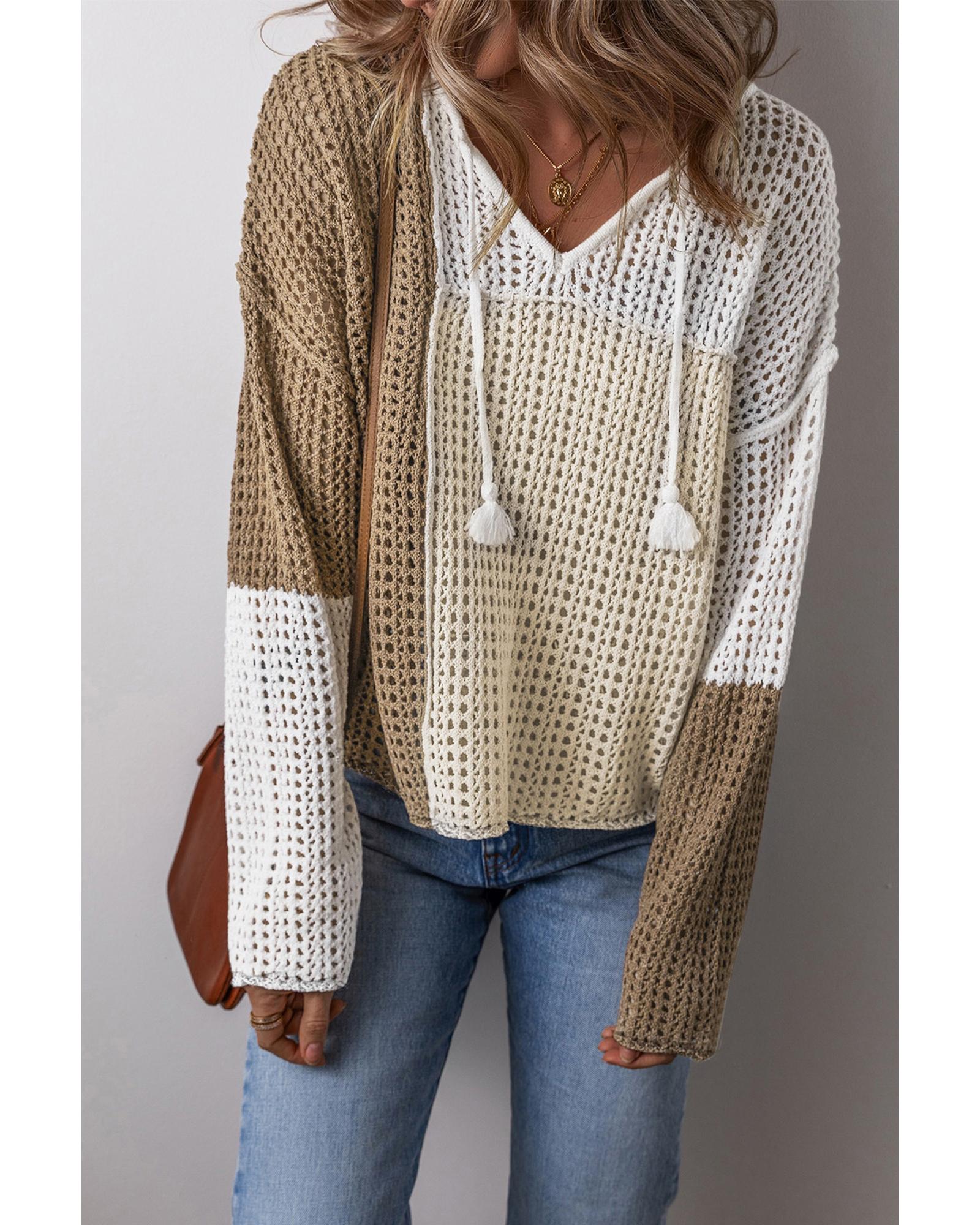 V539-AZEXDC2726060-P1722-XL-202508281150-00 Brown Colorblock Hollow-out Front Tie V Neck Lightweight Sweater - XL - Image 1