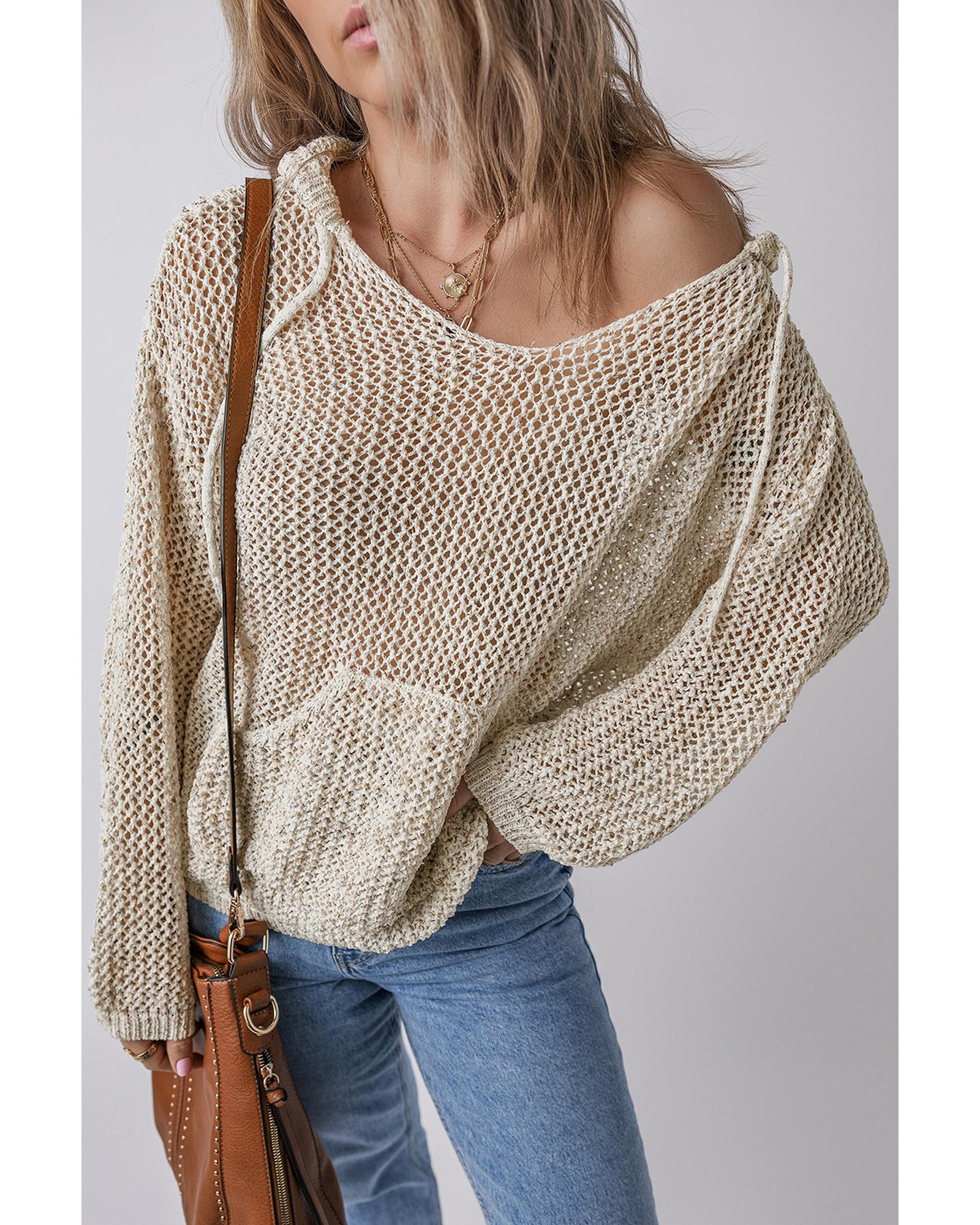 V539-AZEXDC2726072-P2015-S-202506140337-00 Jet Stream Hollow-out Kangaroo Pocket V Neck Hooded Sweater - S - Image 1