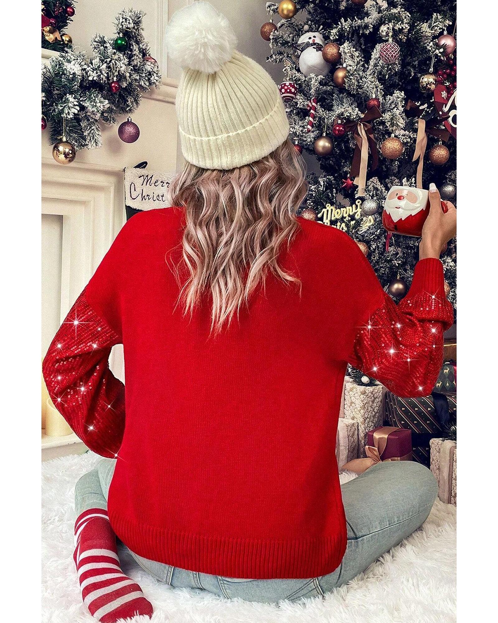 V539-AZEXDC2726195-P603-2XL-202508280830-00 Racing Red Merry Graphic Sequin Sleeves Christmas Turtleneck Sweater - 2XL - Image 1