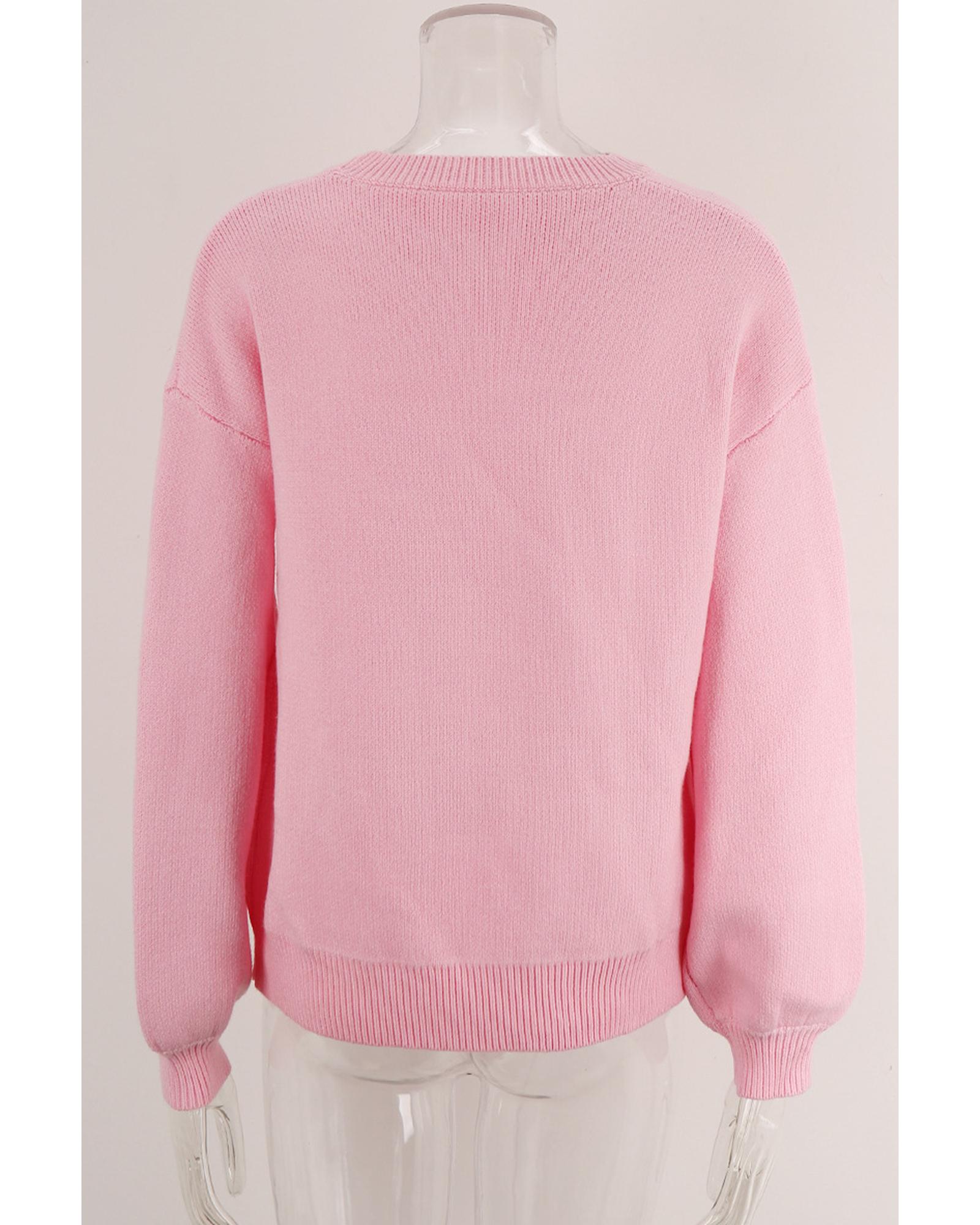V539-AZEXDC2726197-P10-S-202506140407-00 Pink Bow Graphic Drop Shoulder Round Neck Sweater - S - Image 1