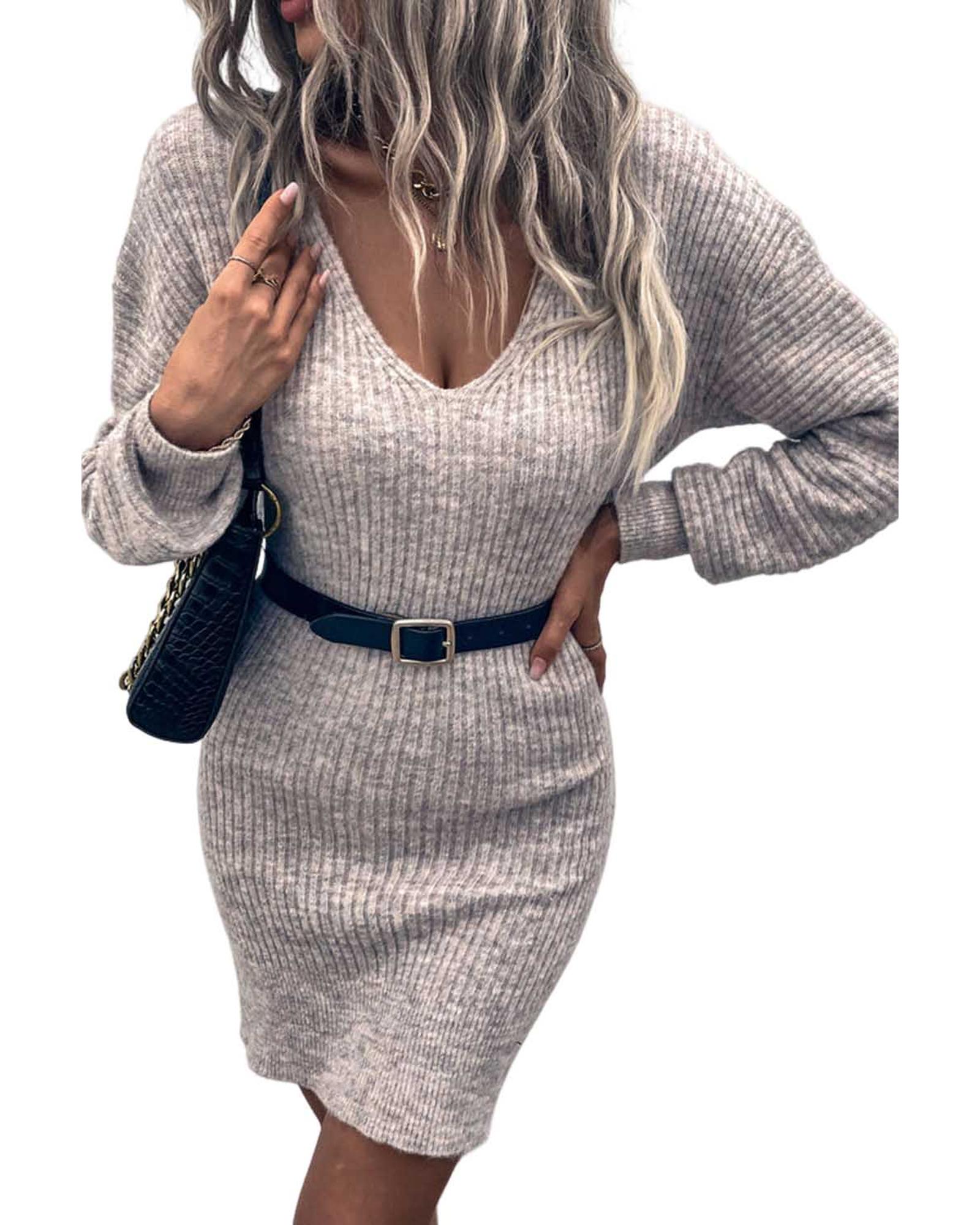 V539-AZEXDC273474-11-M-202506140426-00 Gray V Neck Bodycon Sweater Dress - M - Image 1