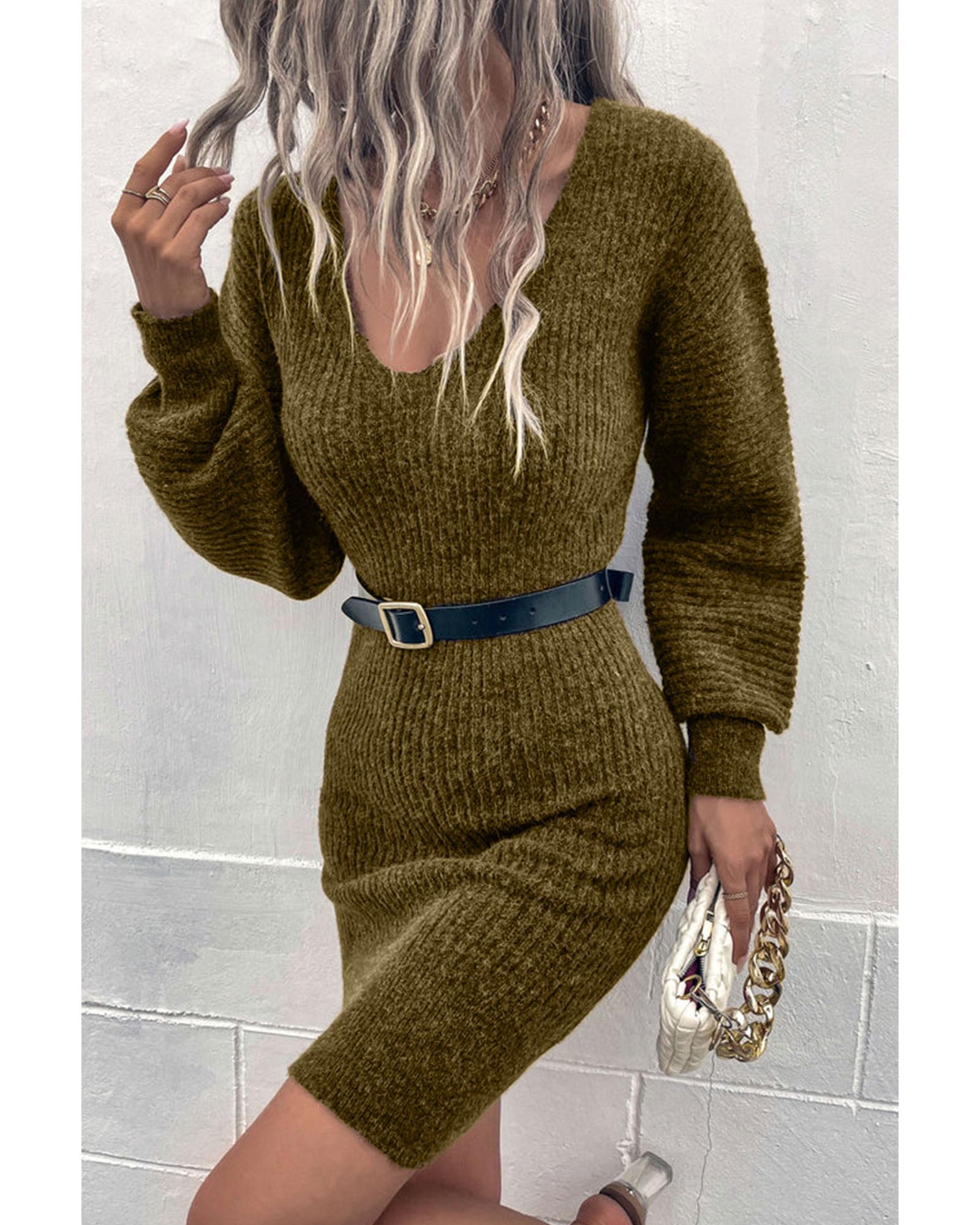 V539-AZEXDC273474-9-S-202506140430-00 Green V Neck Bodycon Sweater Dress - S - Image 1