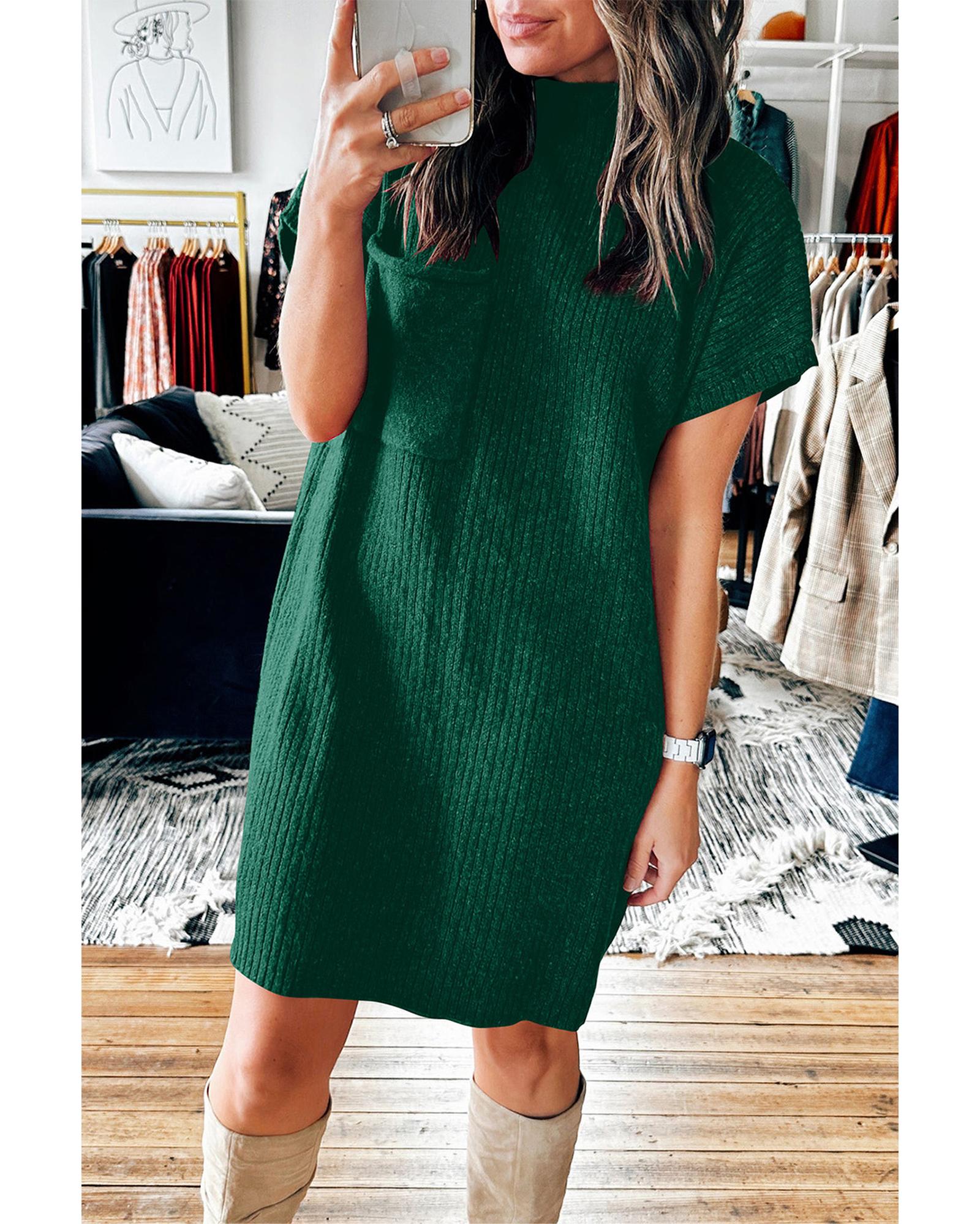V539-AZEXDC273653-P309-XL-202508300215-00 Blackish Green Patch Pocket Ribbed Knit Short Sleeve Sweater Dress - XL - Image 1