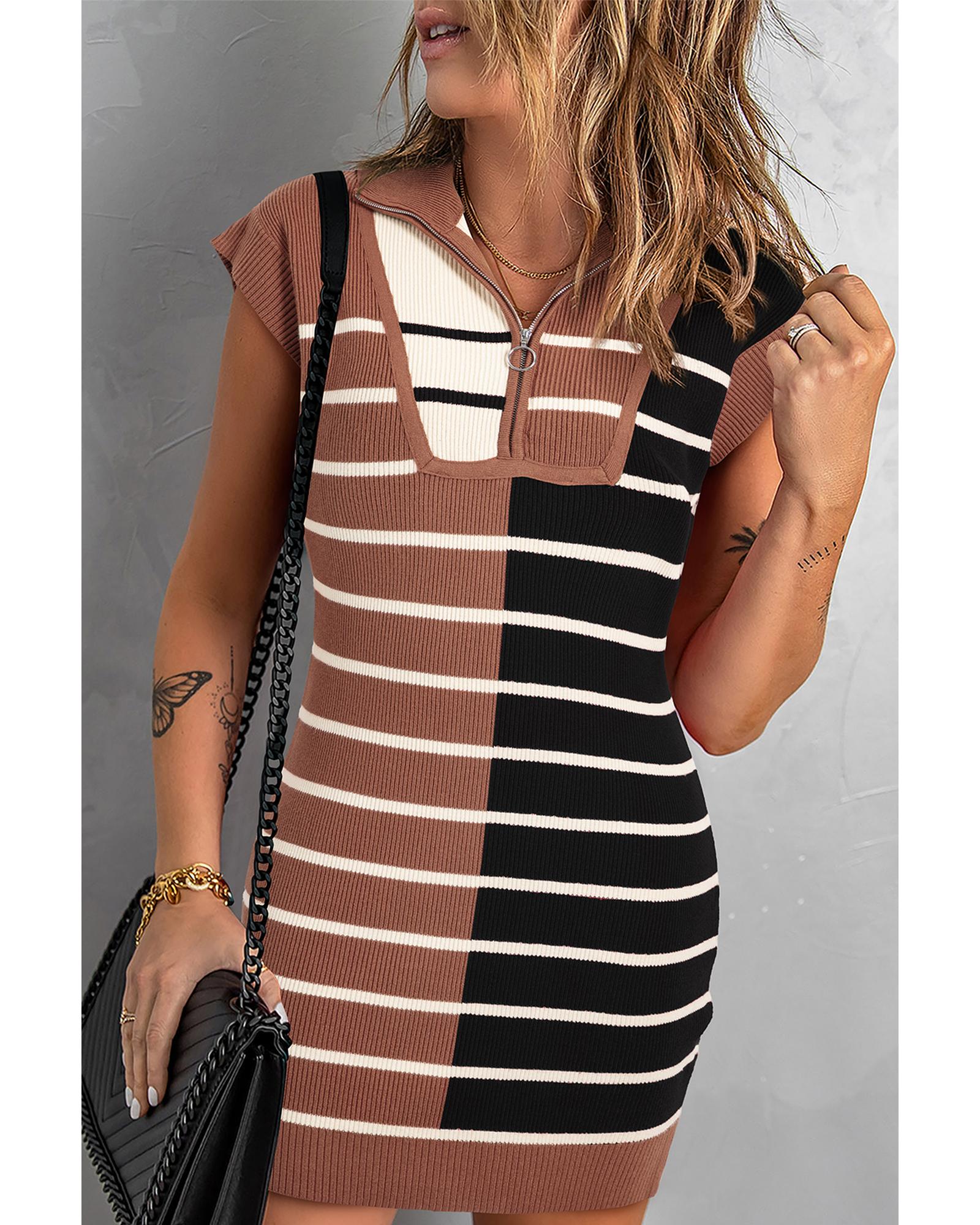 V539-AZEXDC273804-P219-S-202506140527-00 Black Stripe Color Block Quarter Zip Collar Short Sleeve Sweater Dress - S - Image 1