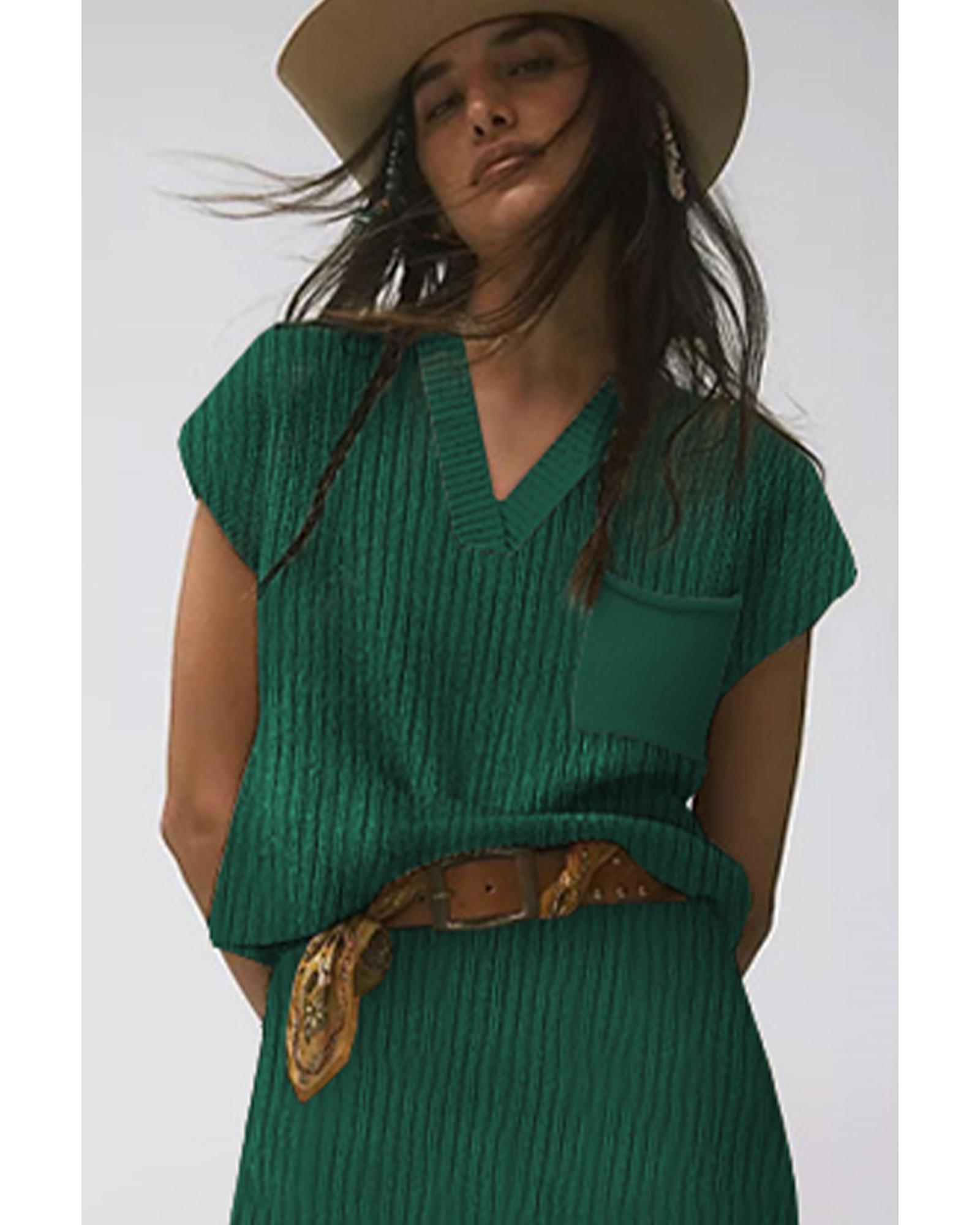 Blackish Green Chest Pocket V Neck Ribbed Cap Sleeve Sweater - L
