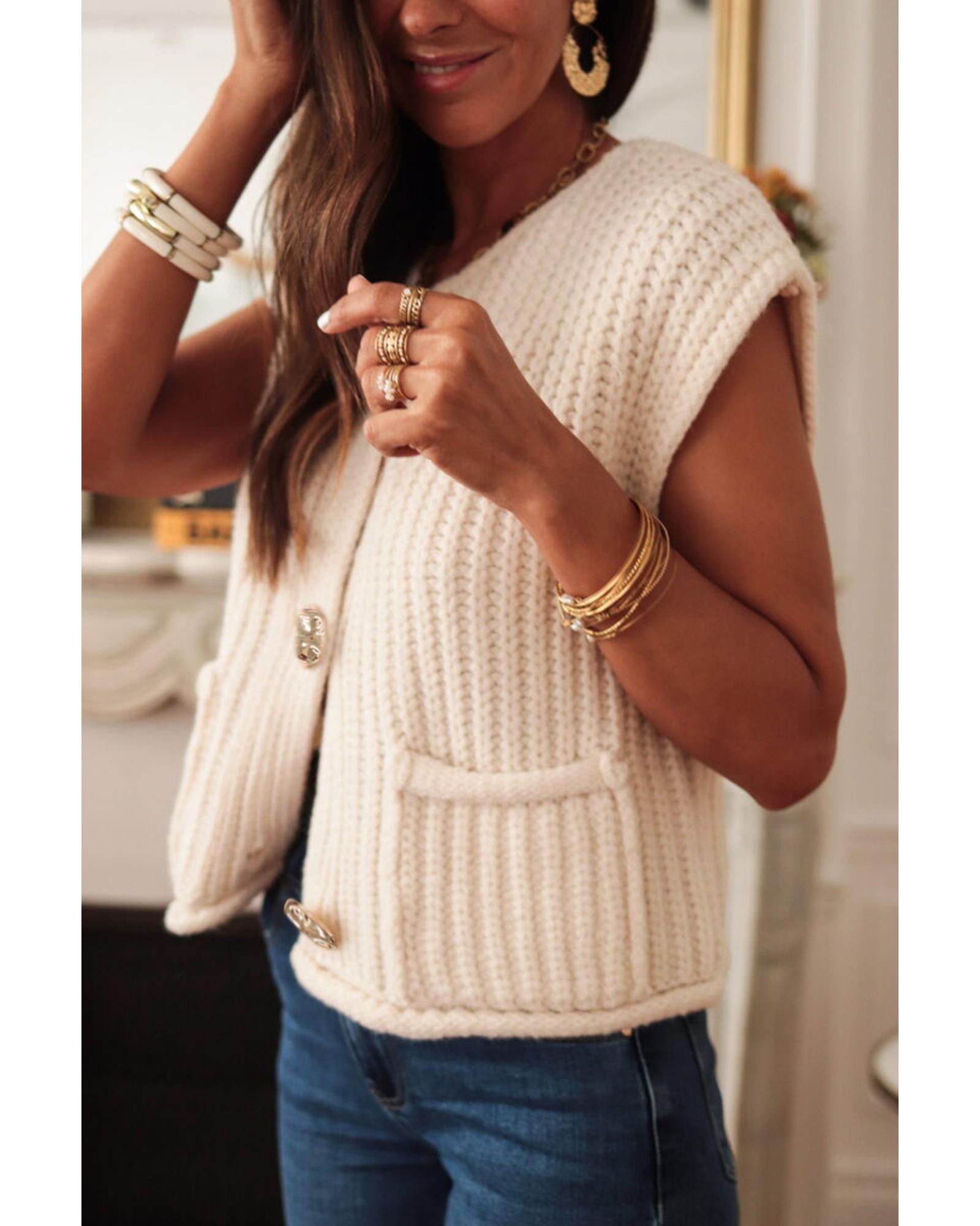 V539-AZEXDC274085-P101-S-202506140547-00 White Solid Textured Knit Side Pockets Buttoned Sweater Vest - S - Image 1