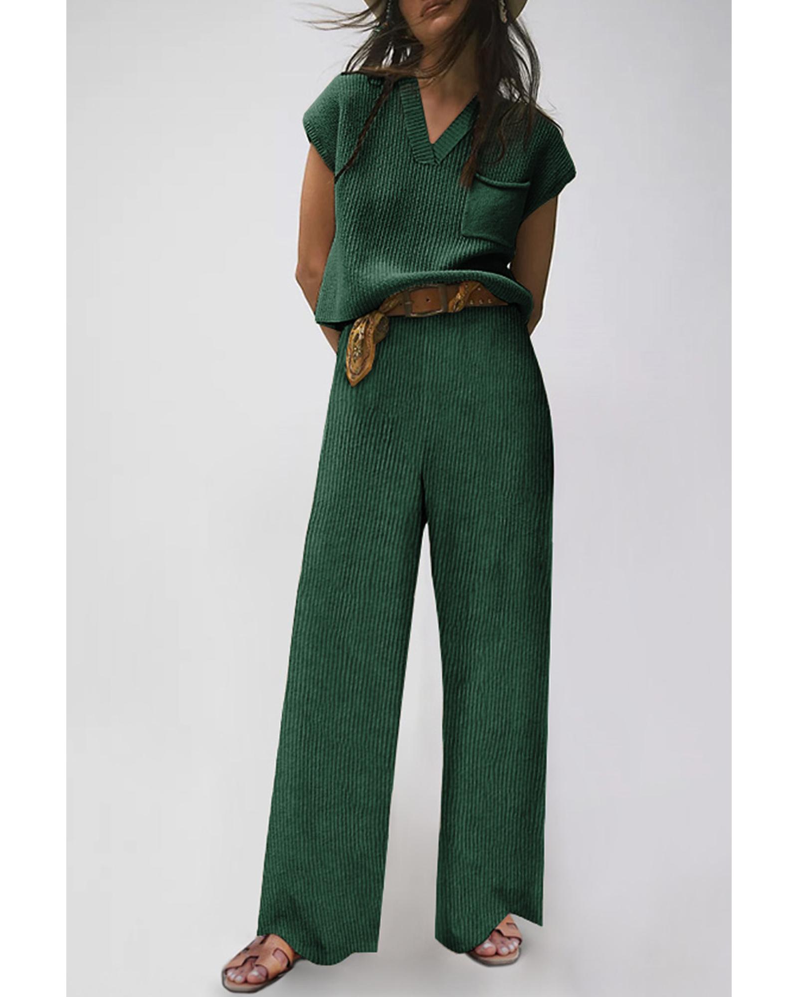 V539-AZEXDC275047-9-L-202508280745-00 Green Knitted V Neck Sweater and Casual Pants Set - L - Image 1