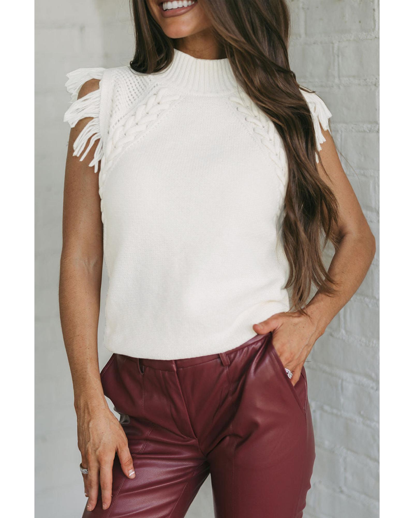 V539-AZEXDC276185-P1-M-202508290100-00 White Woven Tasseled Sleeveless Mock Neck Sweater Vest - M - Image 1
