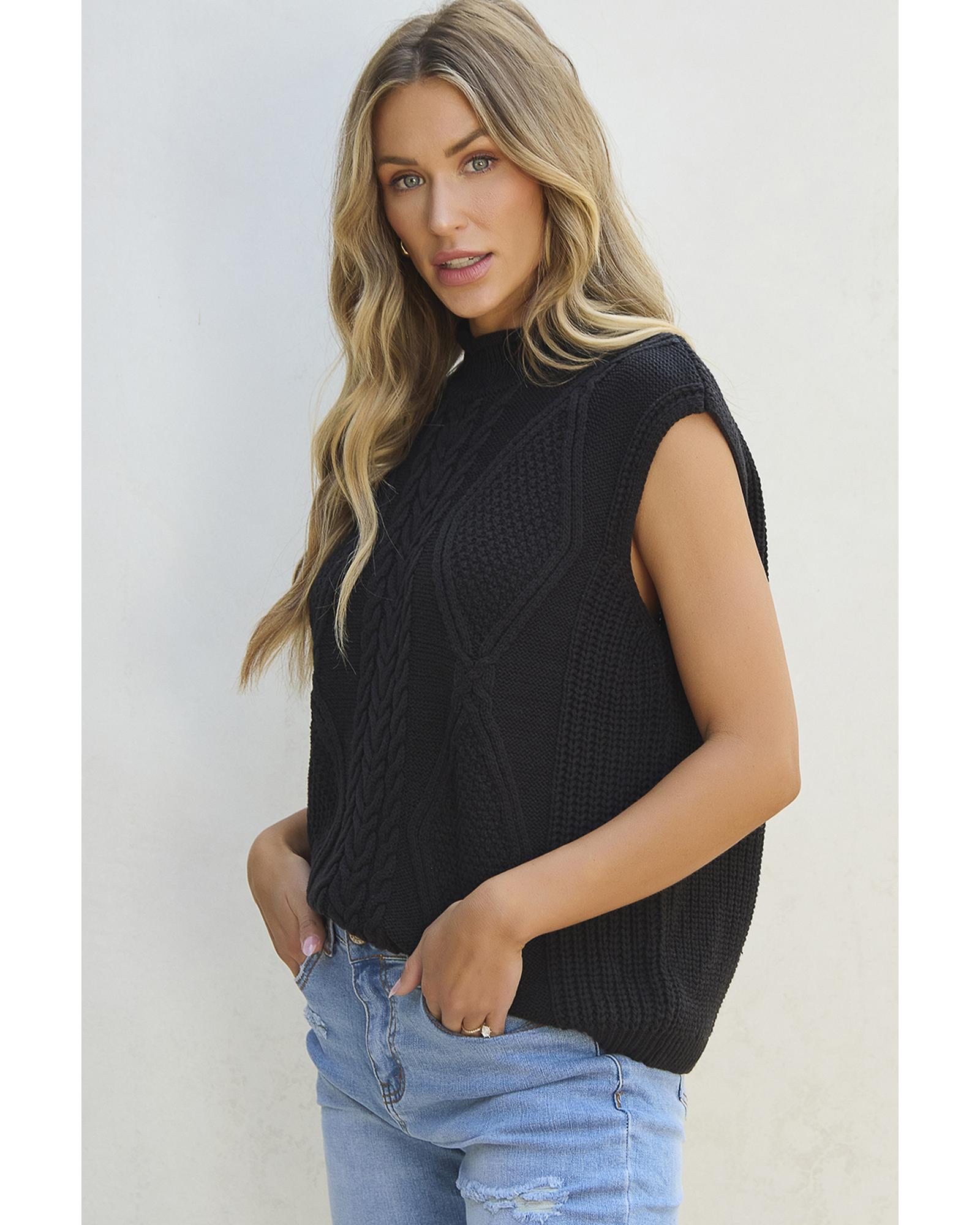 V539-AZEXDC276244-P2-L-202508281645-00 Black Solid Color Cable Knit High Neck Sweater Vest - L - Image 1