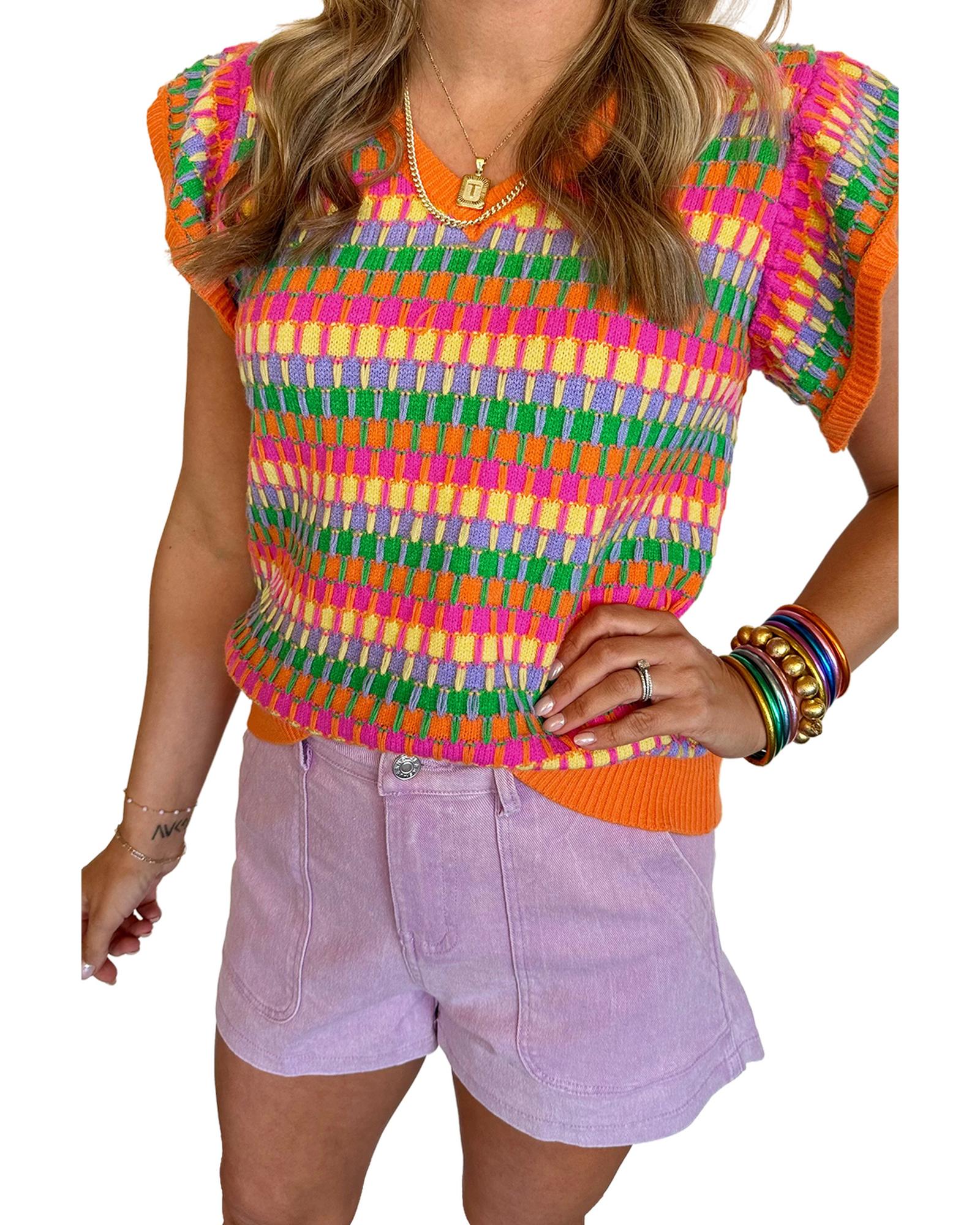 V539-AZEXDC276441-P1422-L-202508291615-00 Orange Multicolor Flutter Sleeve Knitted Sweater Top - L - Image 1