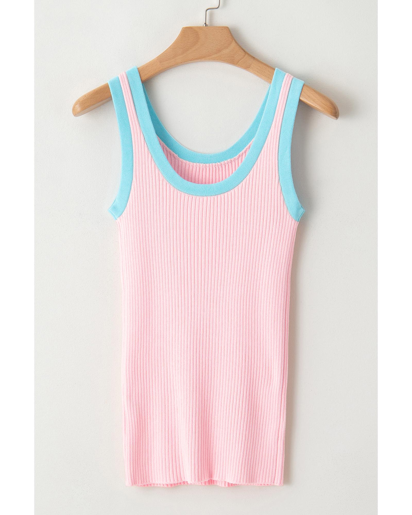 V539-AZEXDC276456-P10-XL-202508280930-00 Pink Colorblock Edge Ribbed Knit U Neck Tank Top - XL - Image 1