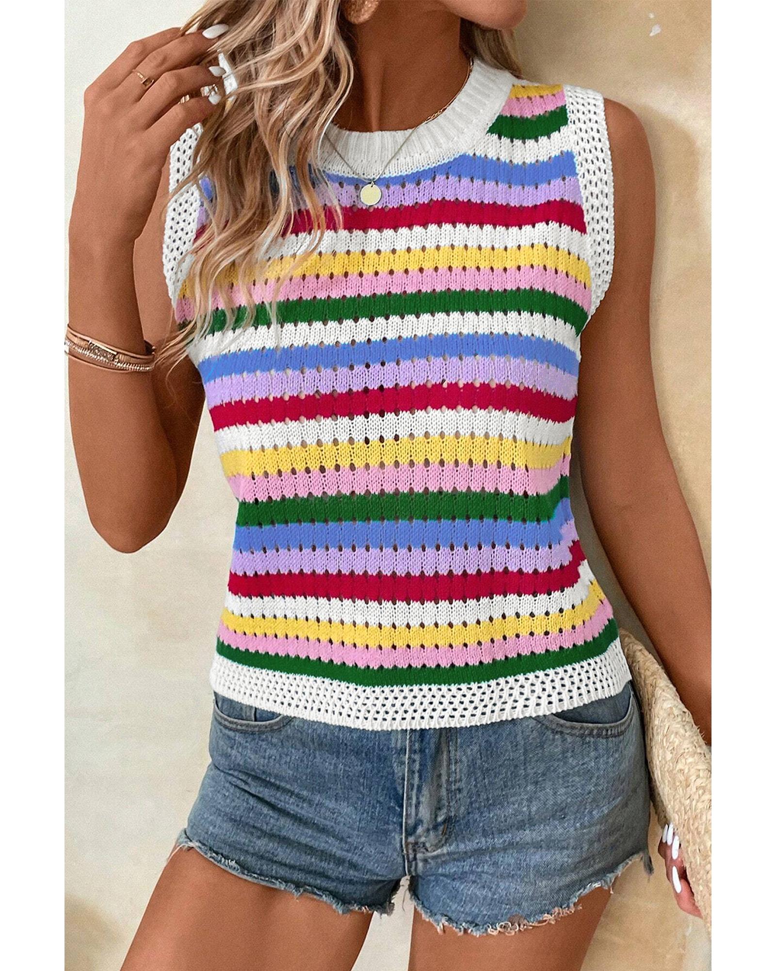 V539-AZEXDC276479-P22-L-202508282035-00 Multicolour Striped Knitted Eyelet Slim Sweater Vest - L - Image 1