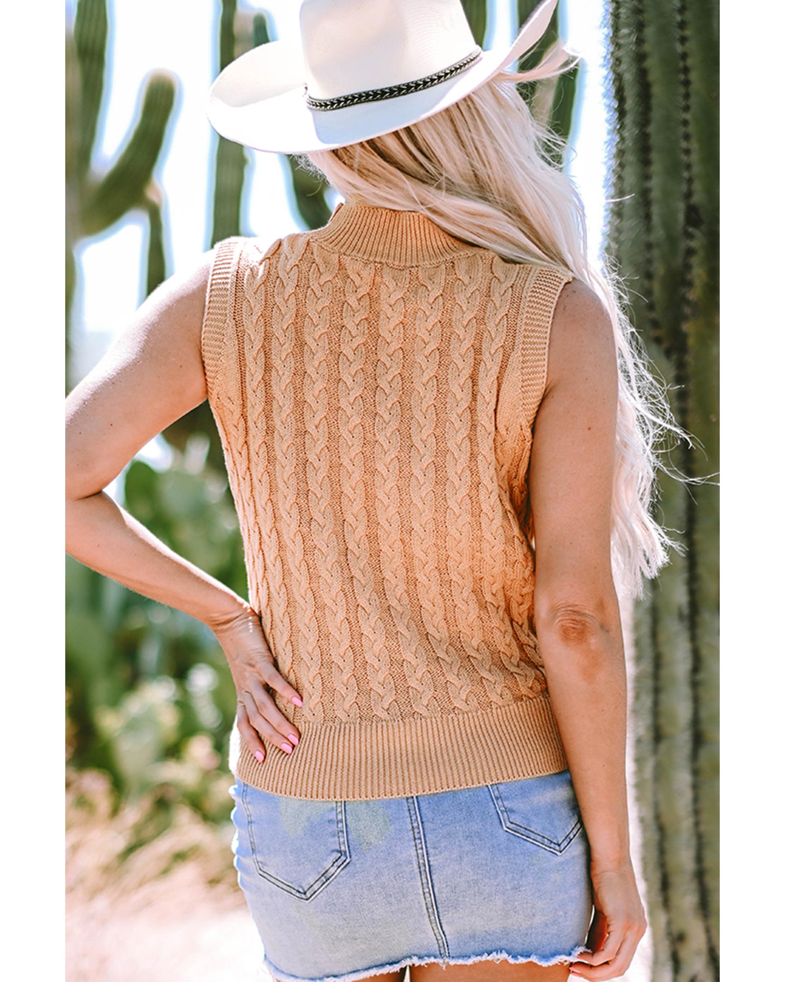 V539-AZEXDC276482-P4016-M-202508300100-00 Light French Beige Solid Color Cable Knit High Neck Tank Top - M - Image 1