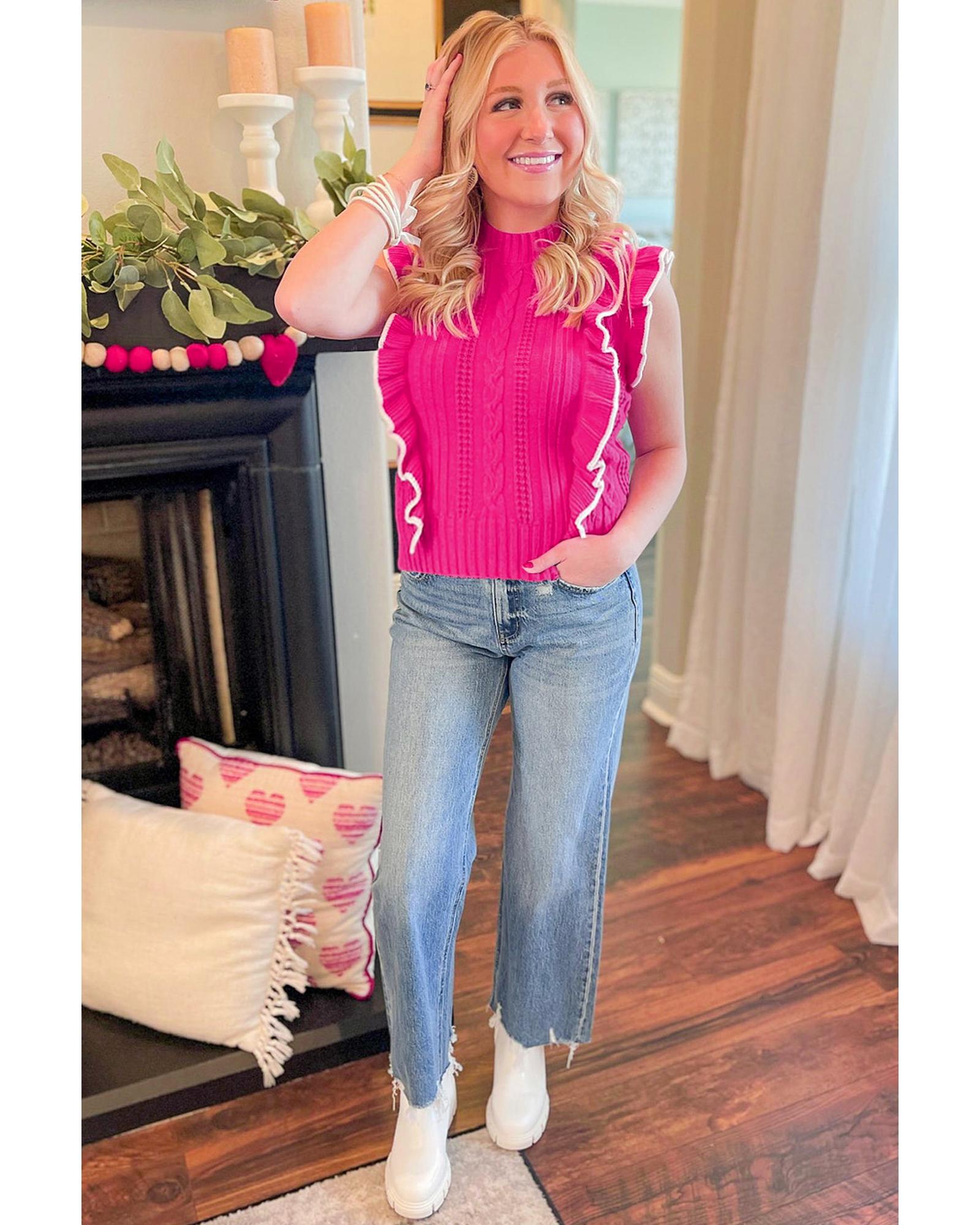 V539-AZEXDC276518-P306-M-202508281410-00 Strawberry Pink Textured Knit Ruffled Mock Neck Sweater Tank - M - Image 1