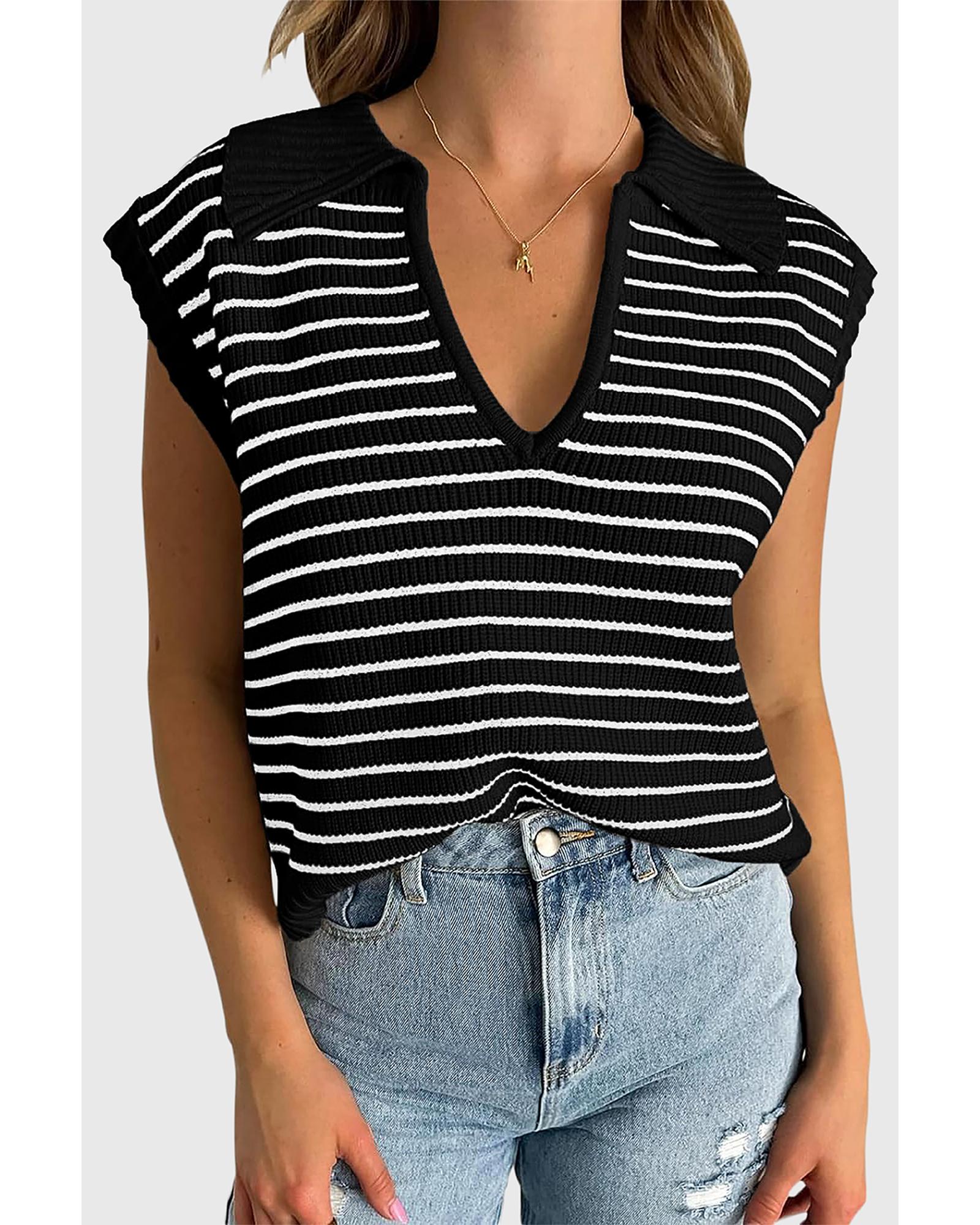 Black Stripe Turn-down V Neck Sweater Tank Top - XL