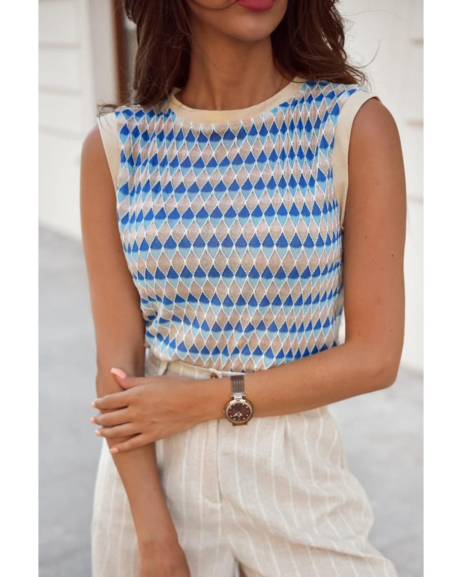 V539-AZEXDC276589-P419-S-202508282155-00 Sky Blue Stripe Geometric Print Round Neck Slim Fit Sweater Vest - S - Image 1
