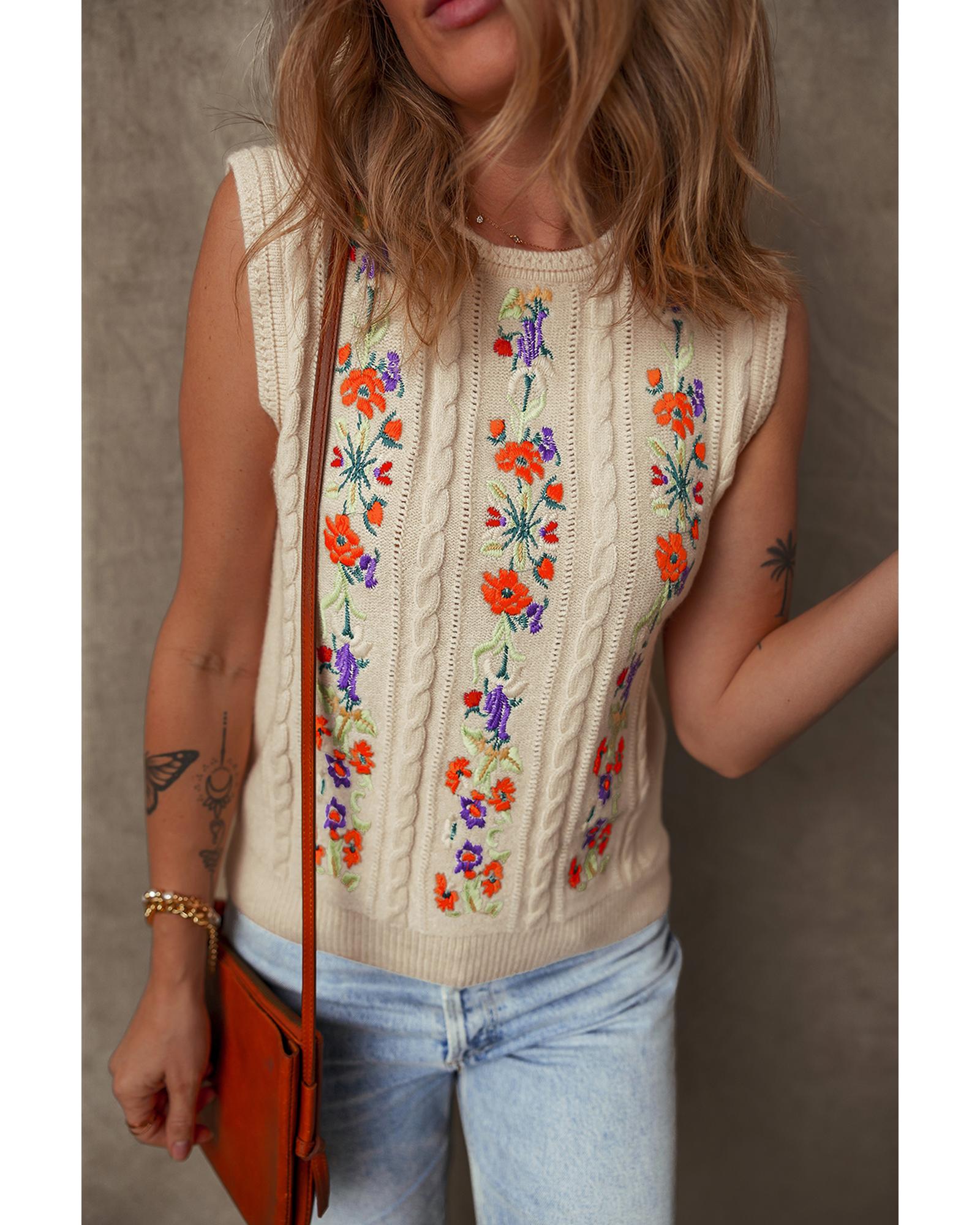 V539-AZEXDC276590-P2015-XL-202508291510-00 Jet Stream Embroidered Floral Cable Knit Sweater Vest - XL - Image 1