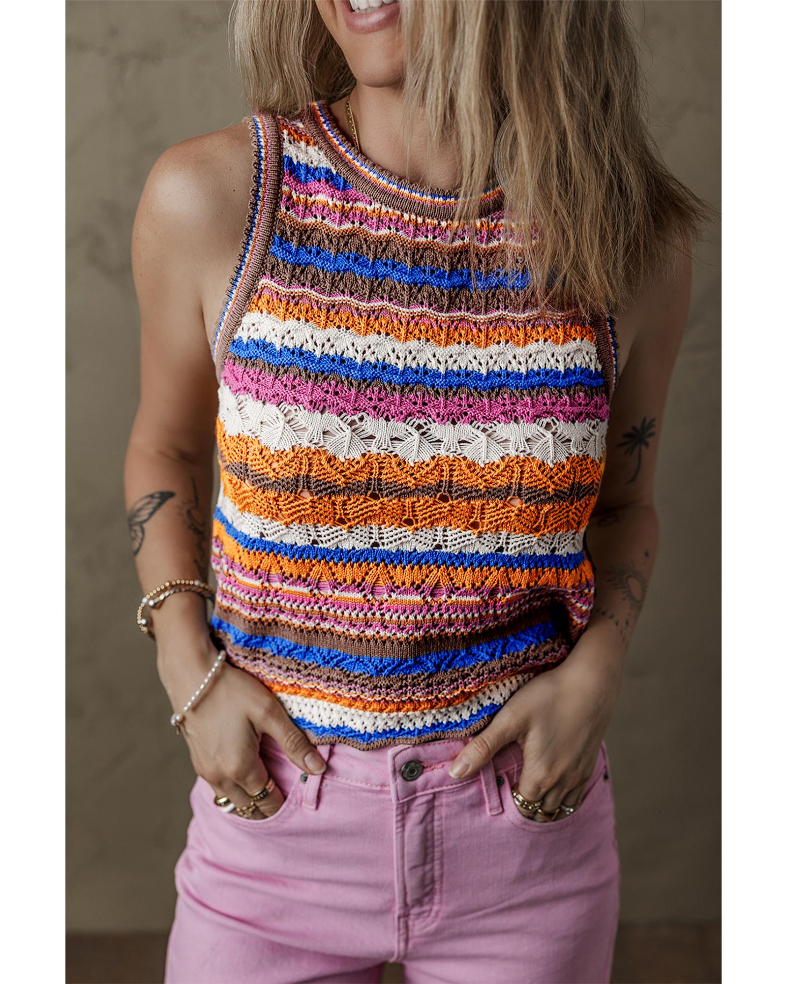 V539-AZEXDC276615-P522-XL-202508300110-00 Dark Blue Striped Textured Knit Crew Neck Sweater Vest - XL - Image 1