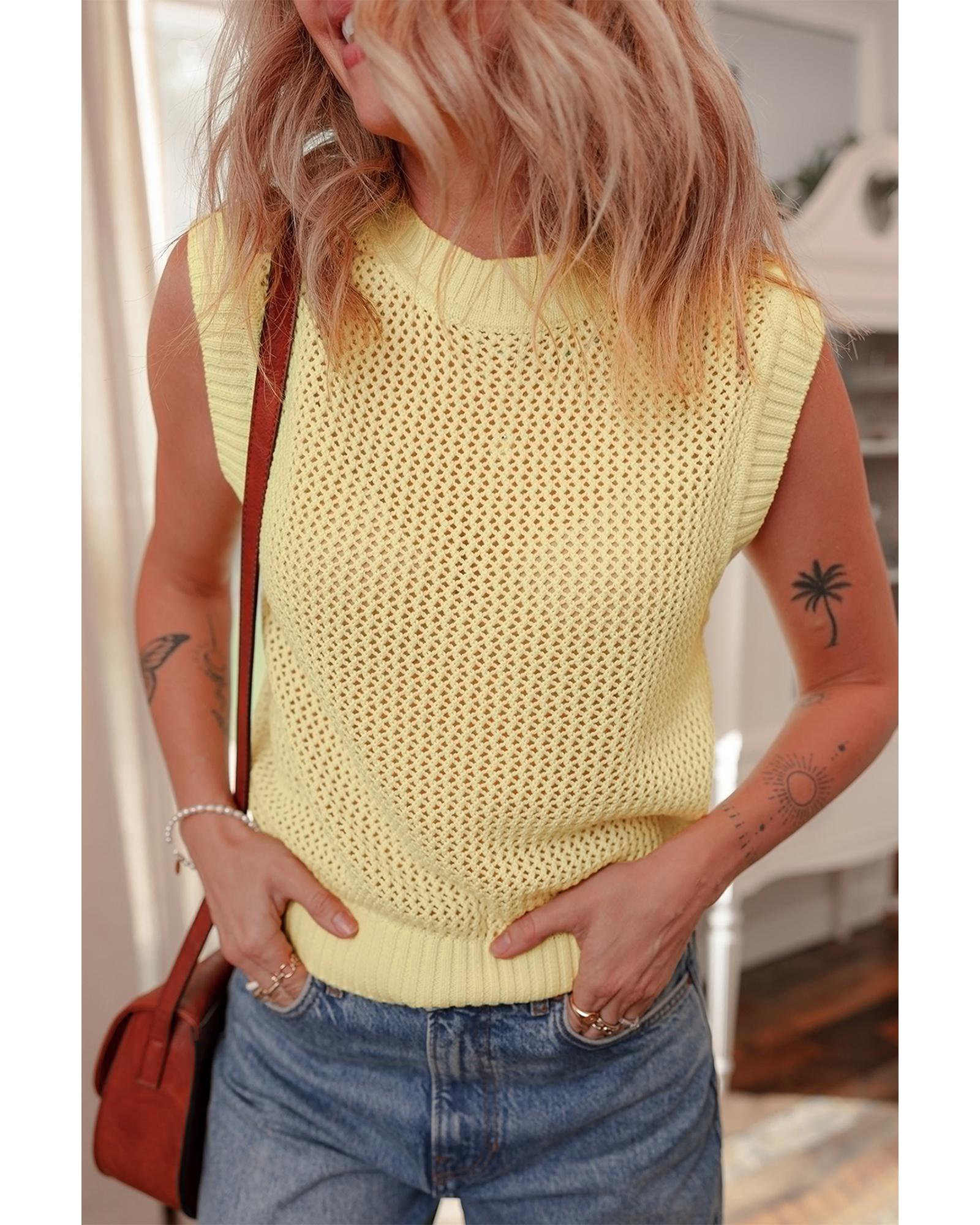 V539-AZEXDC276729-P7-XL-202508281000-00 Yellow Solid Color Hollowed Knit Round Neck Sweater Vest - XL - Image 1