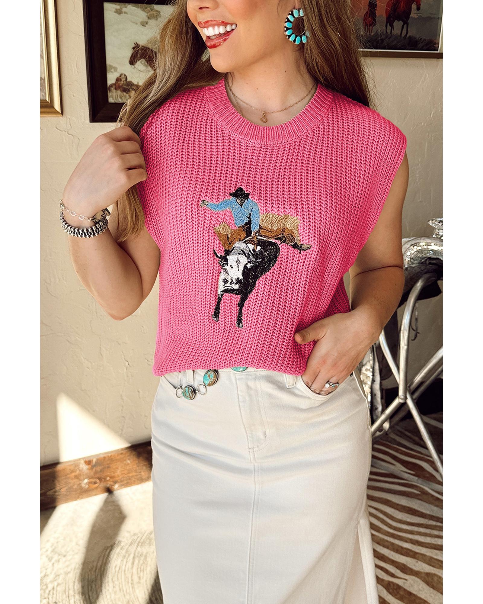 V539-AZEXDC276760-P106-XL-202508282205-00 Bright Pink Western Cowboy Embroidery Round Neck Sleeveless Sweater - XL - Image 1