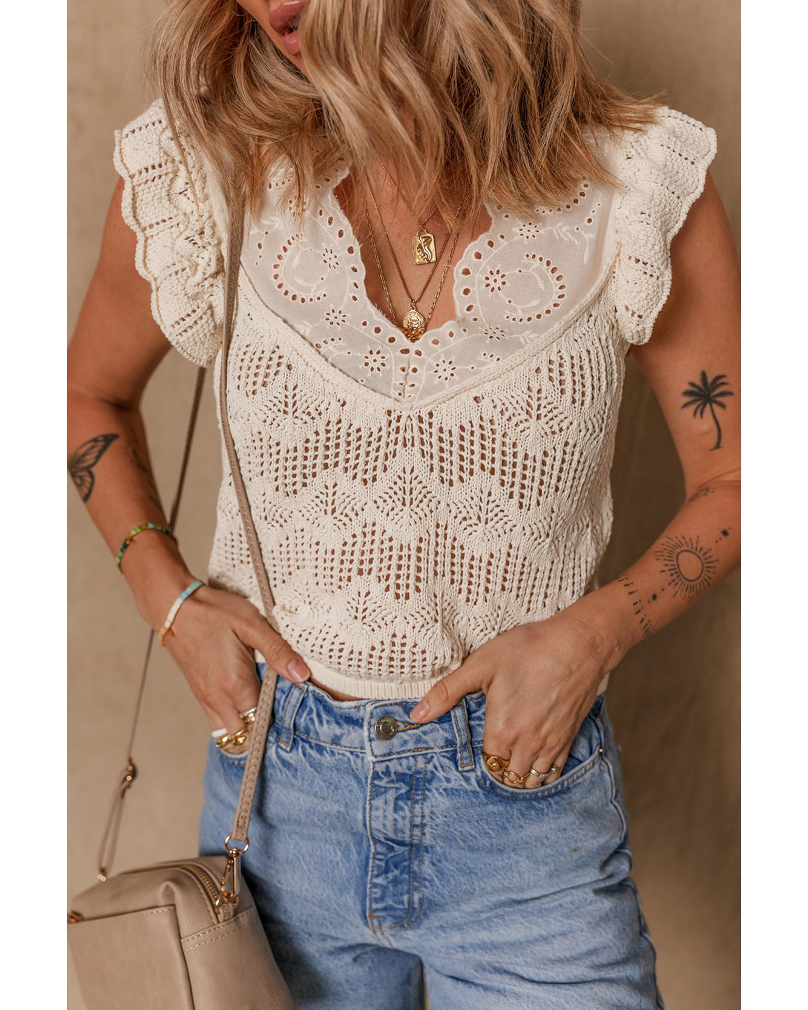 V539-AZEXDC276781-P15-XL-202508300605-00 Beige Embroidered Patchwork Hollow Out Knitted Ruffle Sweater Vest - XL - Image 1