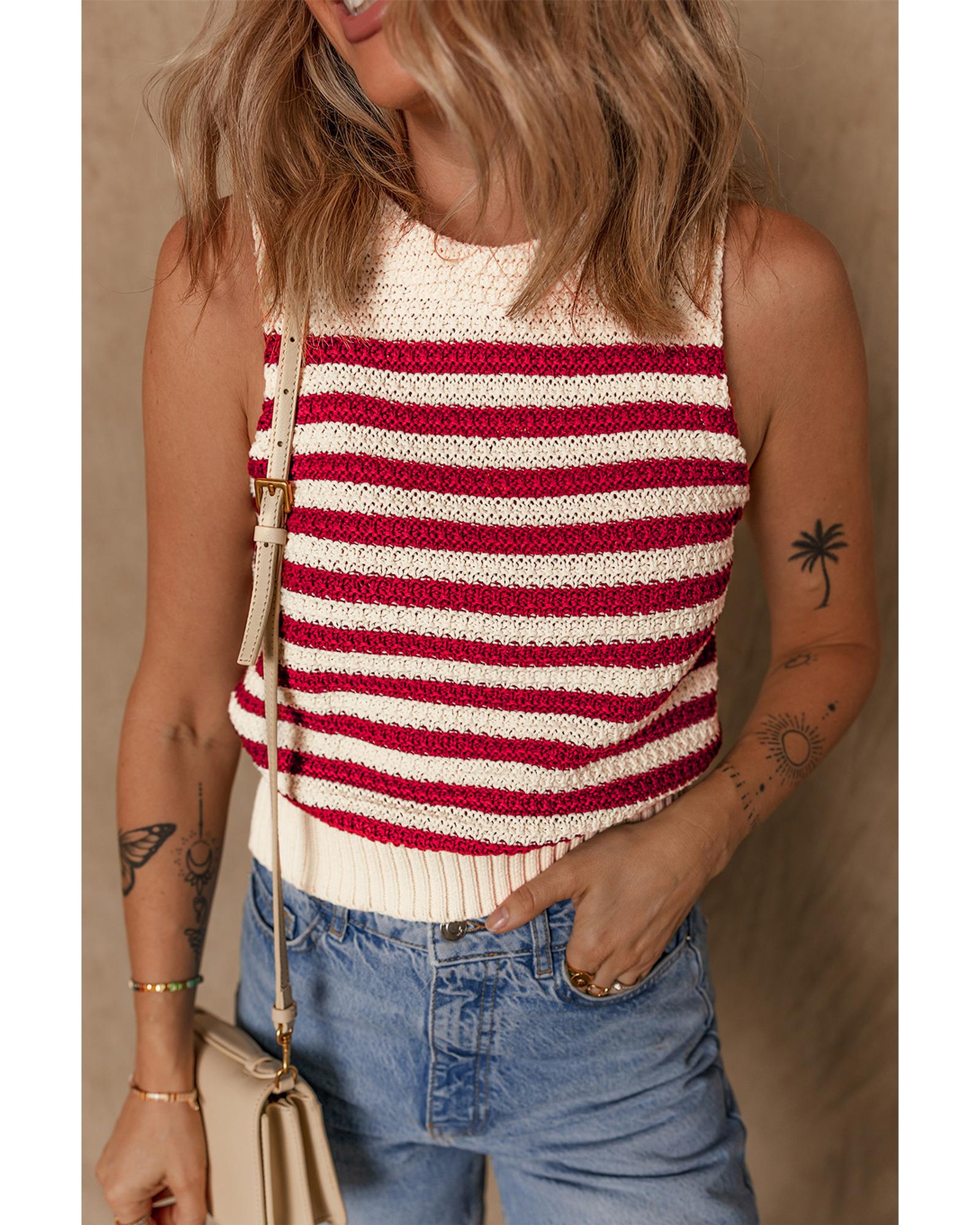V539-AZEXDC276782-P319-L-202508280040-00 Red Stripe Textured Knit Ribbed Hem Sweater Tank Top - L - Image 1